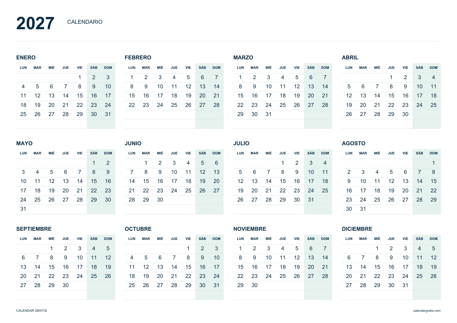 Calendario 2027 horizontal con sábados y domingos destacados en verde