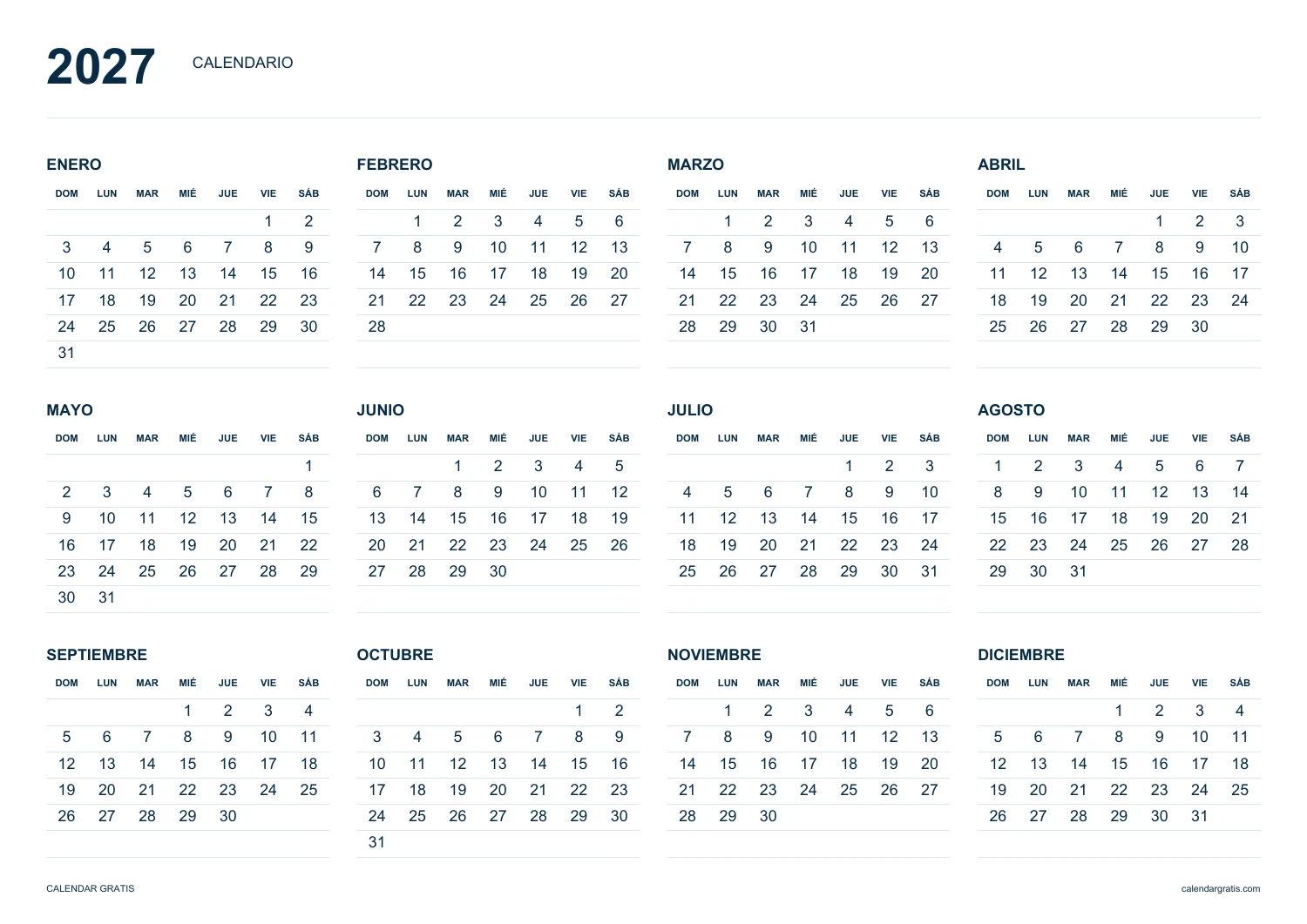Calendario 2027 horizontal con semanas de domingo a sábado