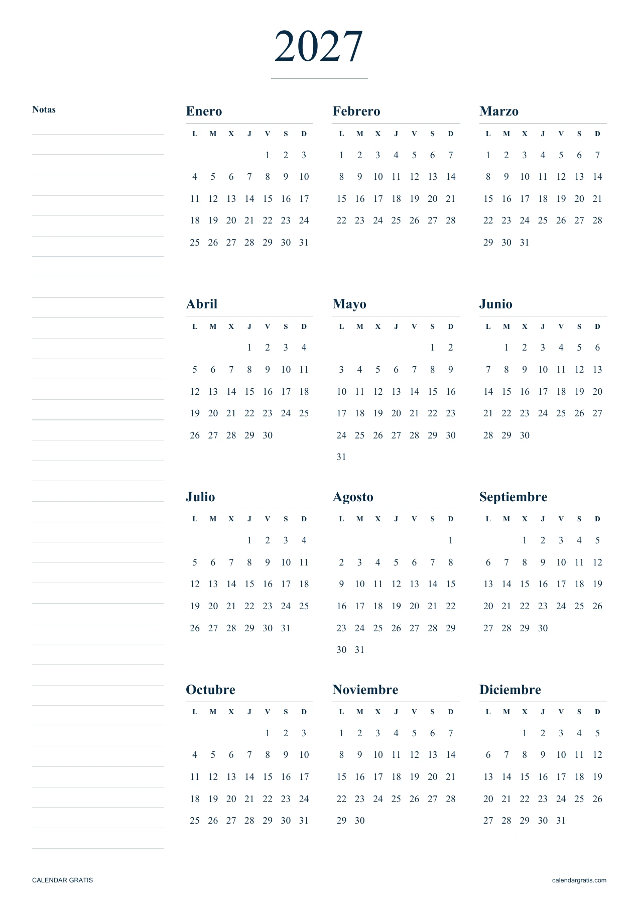 Calendario 2027: diseño minimalista con notas a la izquierda
