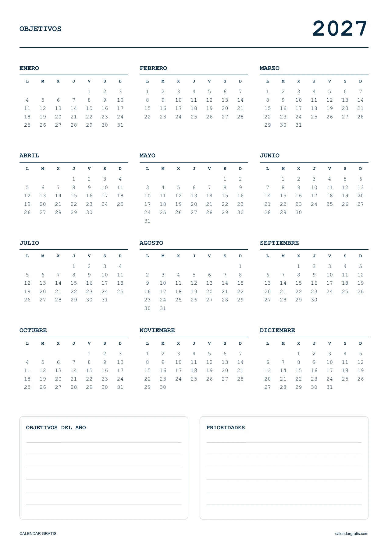 Calendario 2027: objetivos del año y prioridades