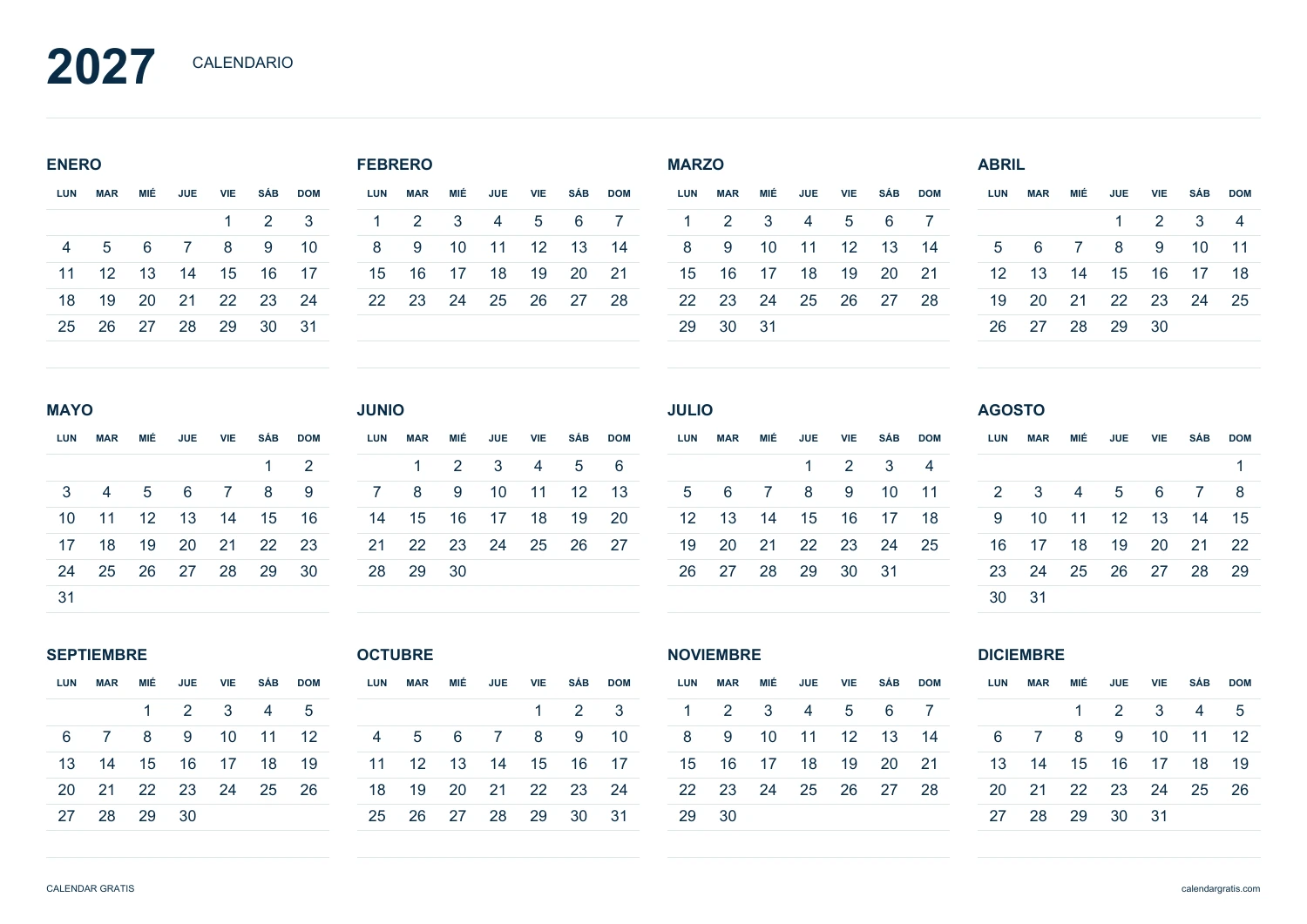 Calendario 2027 horizontal con los doce meses en una hoja