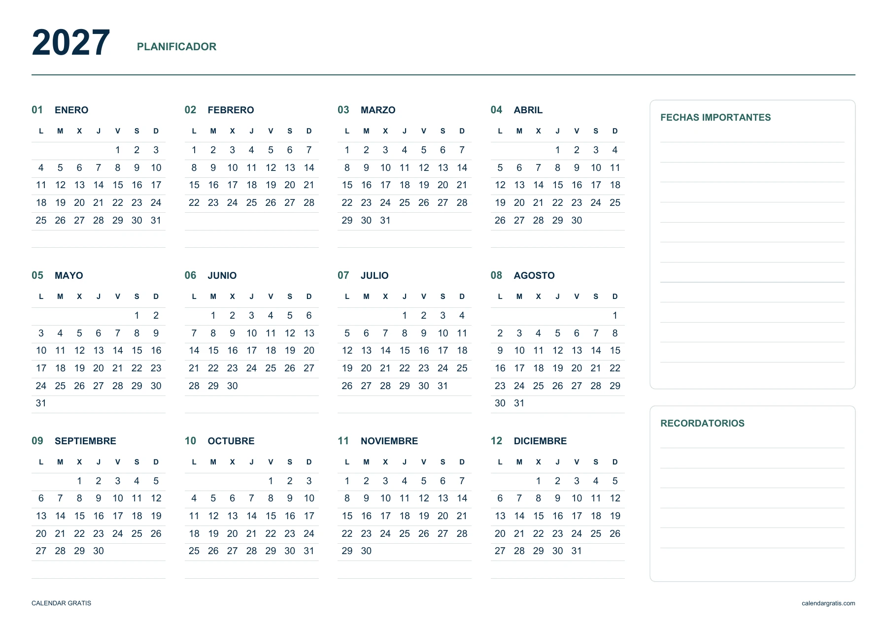 Calendario 2027: planificador con fechas importantes y recordatorios