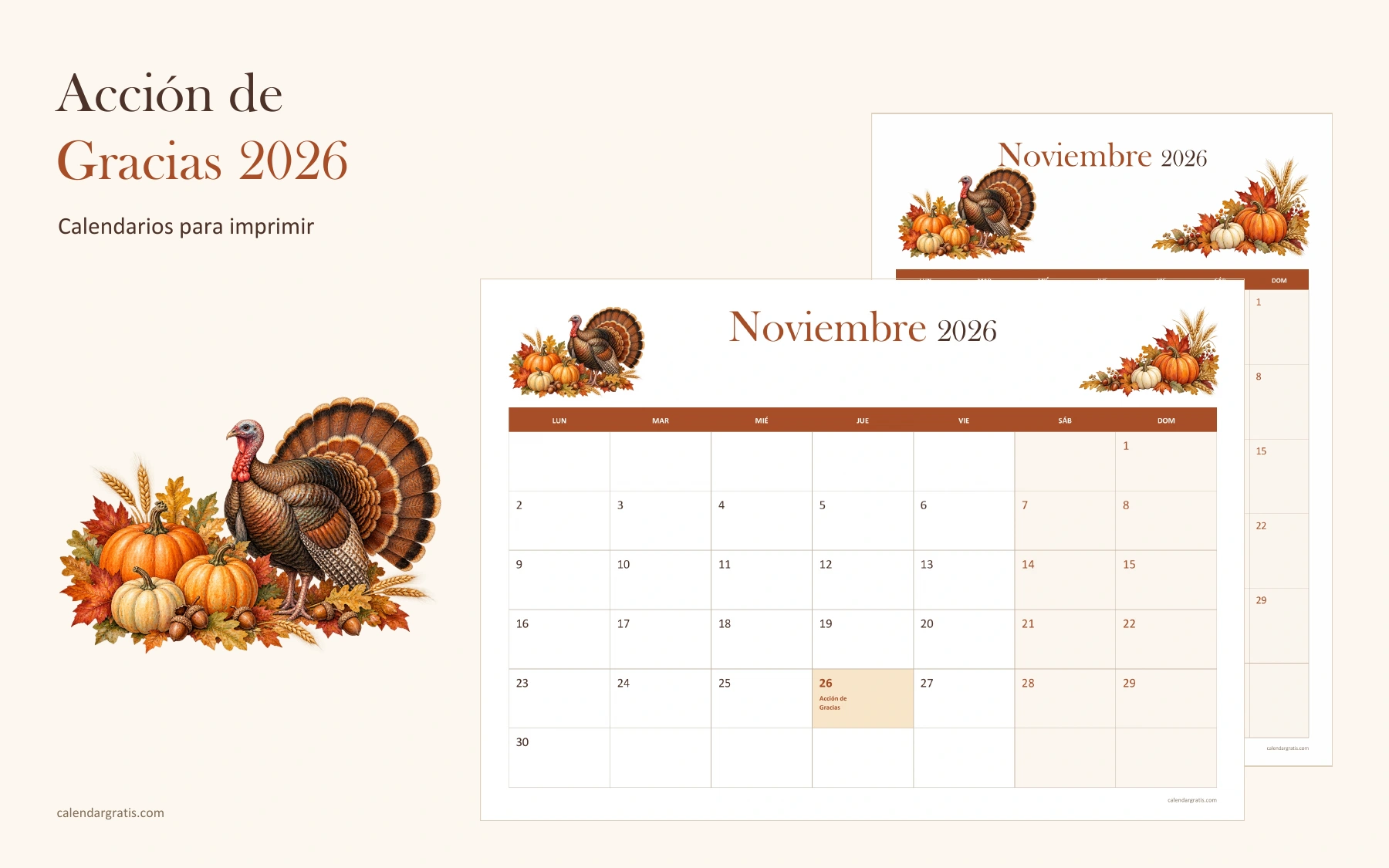 Calendarios de Acción de Gracias 2026 en español, en formato horizontal y vertical, decorados con pavo y calabazas