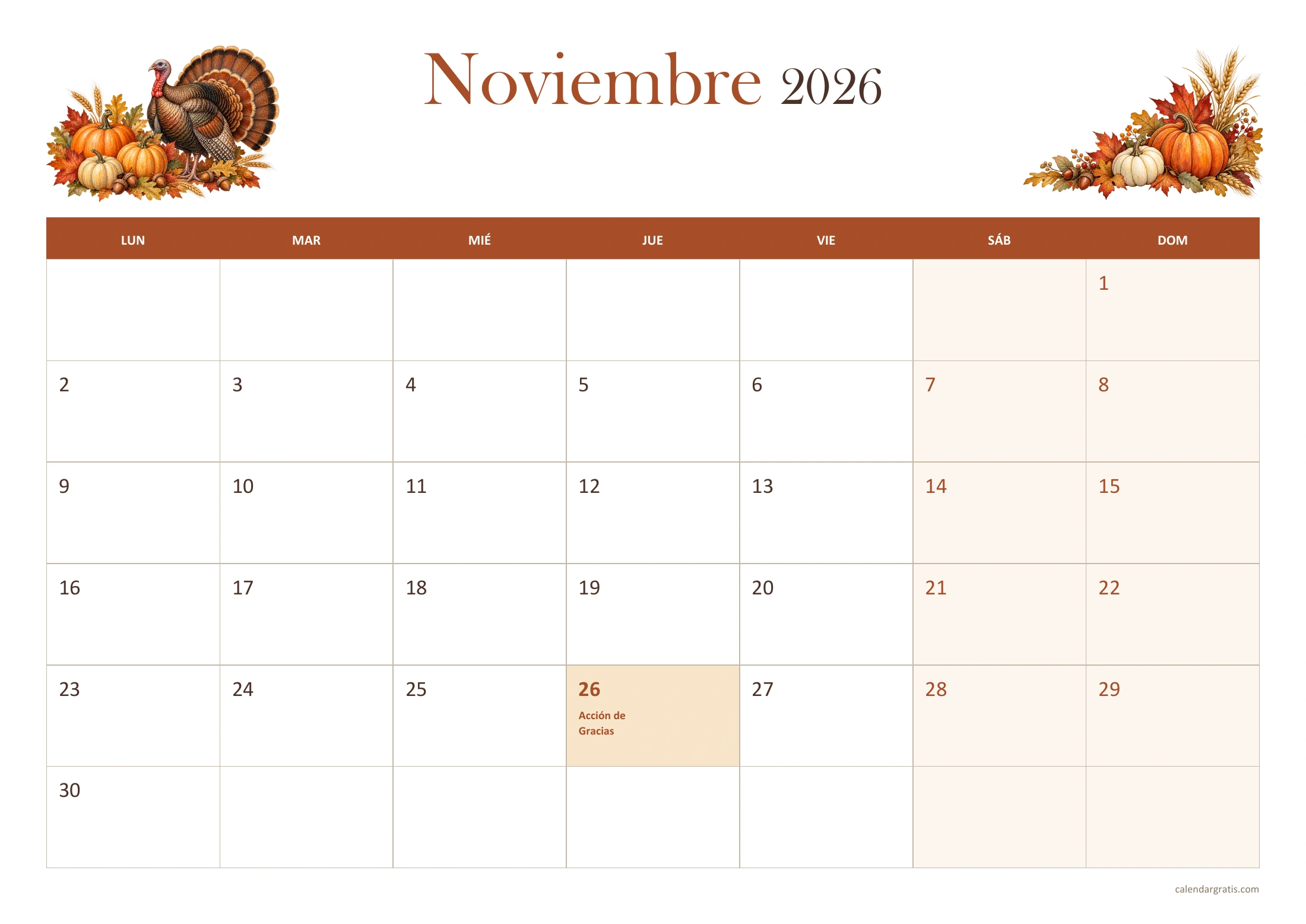 Calendario de Acción de Gracias 2026 horizontal con noviembre completo y el jueves 26 destacado