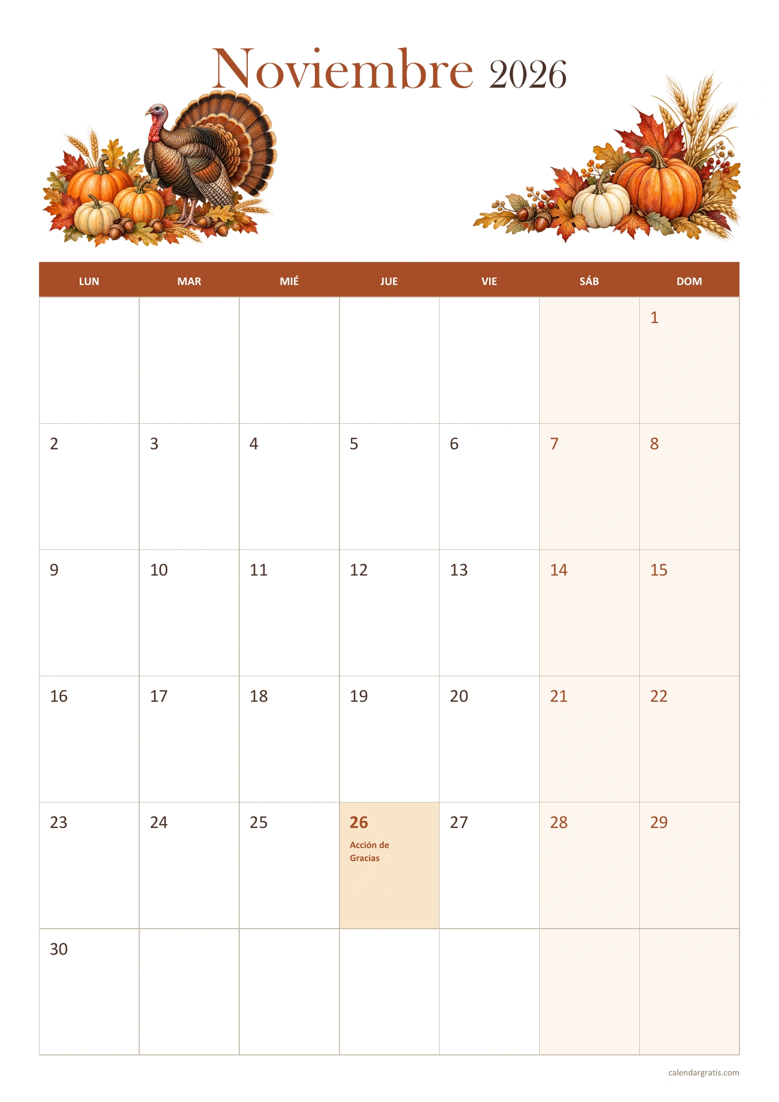 Calendario vertical de noviembre de 2026 decorado con pavo, calabazas y hojas de otoño
