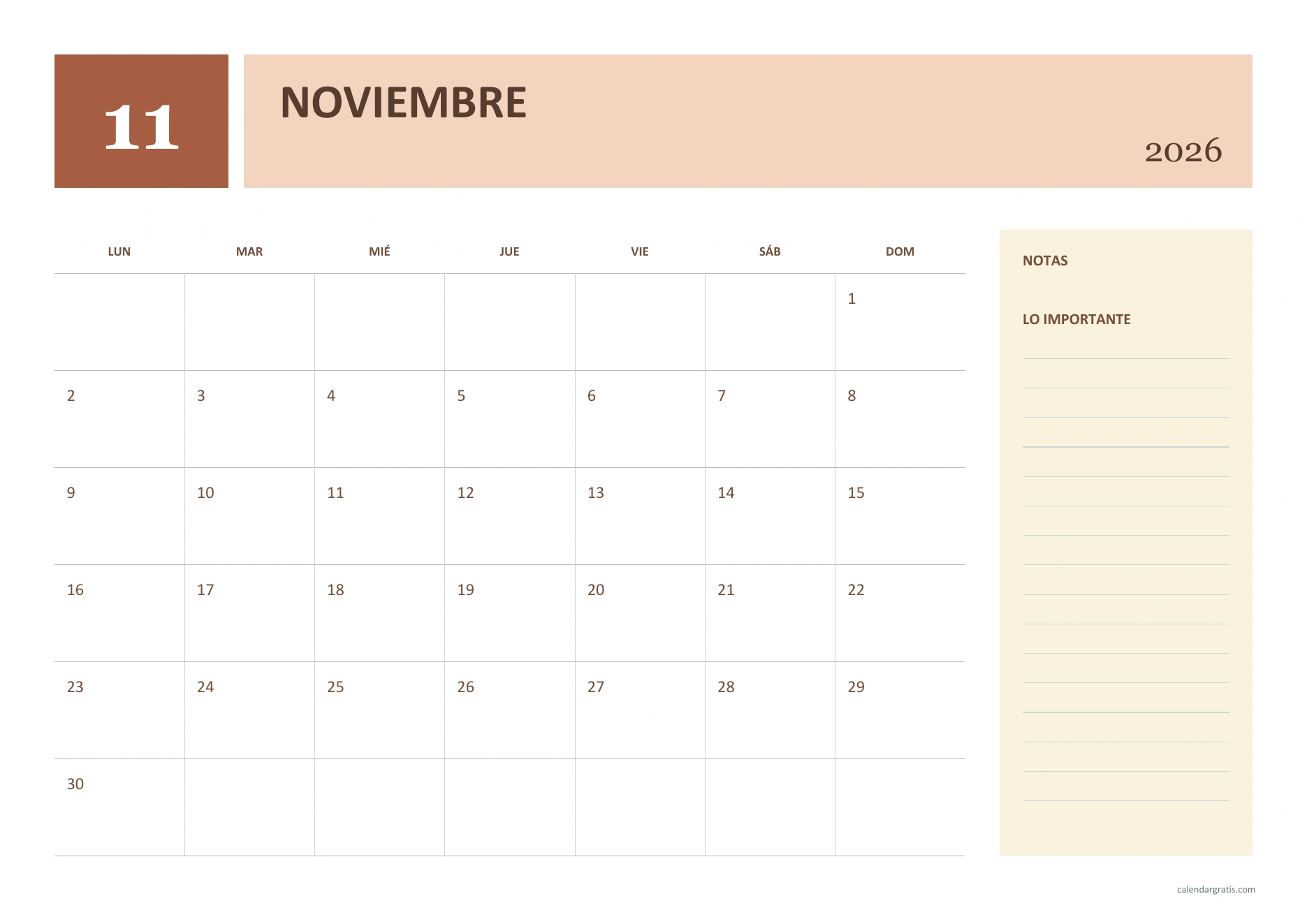 Calendario de noviembre de 2026 aesthetic horizontal: composición geométrica en terracota, melocotón y mostaza con notas laterales.