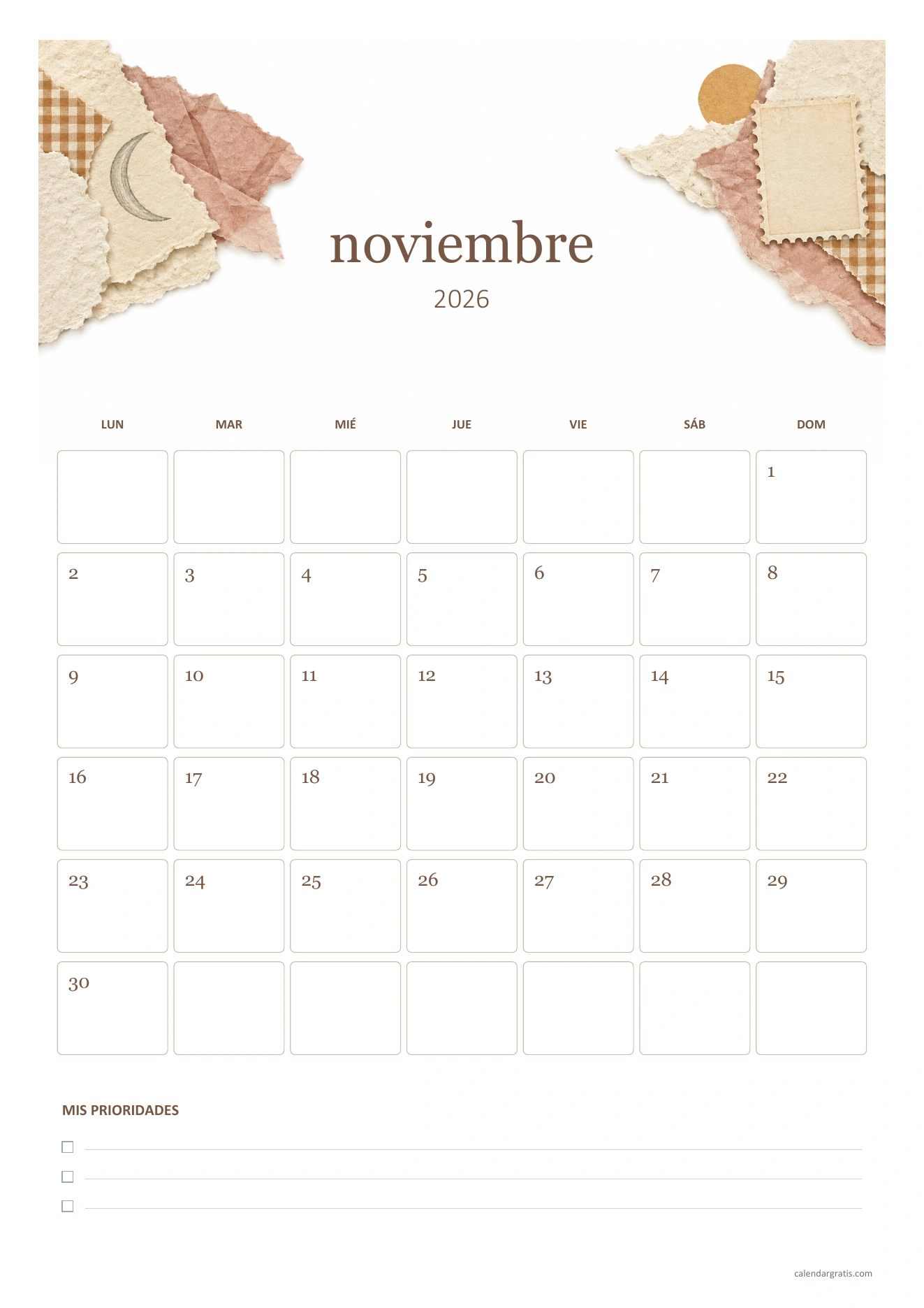 Calendario de noviembre de 2026 aesthetic vertical: papeles rasgados en crema y rosa, casillas separadas y espacio inferior para prioridades.