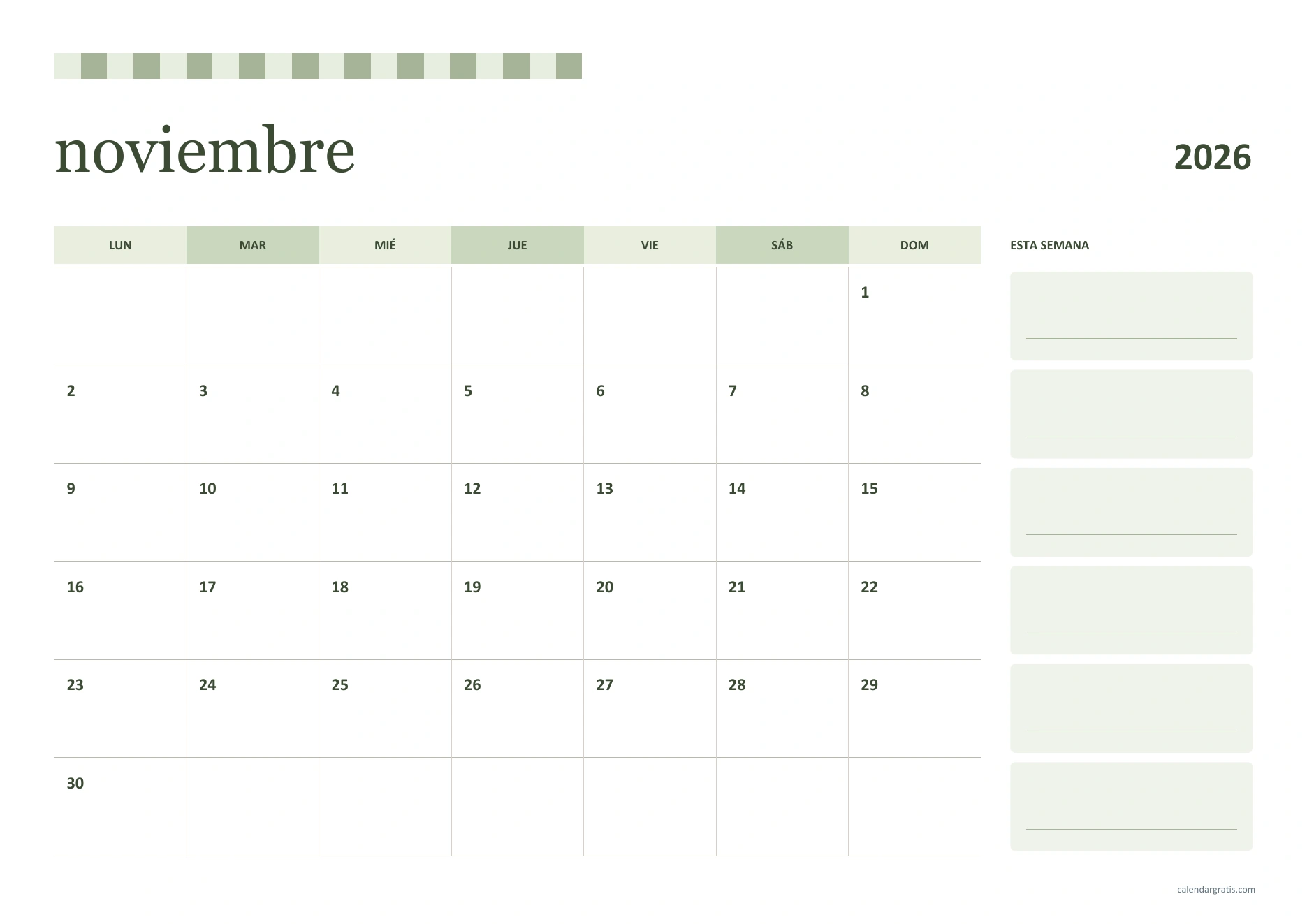 Calendario de noviembre de 2026 aesthetic horizontal: banda ajedrezada verde salvia y columna lateral para un objetivo por semana.