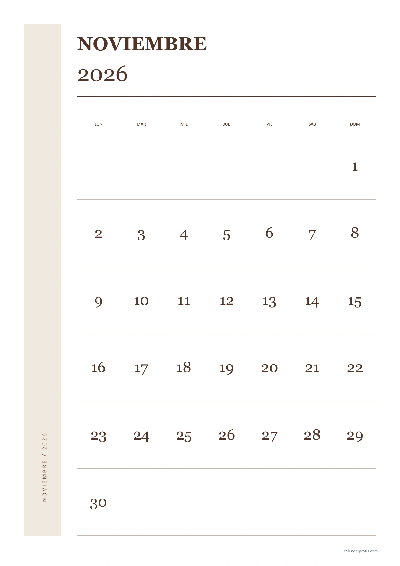 Calendario de noviembre de 2026 aesthetic vertical: tipografía editorial marrón, fechas grandes y composición con margen lateral.