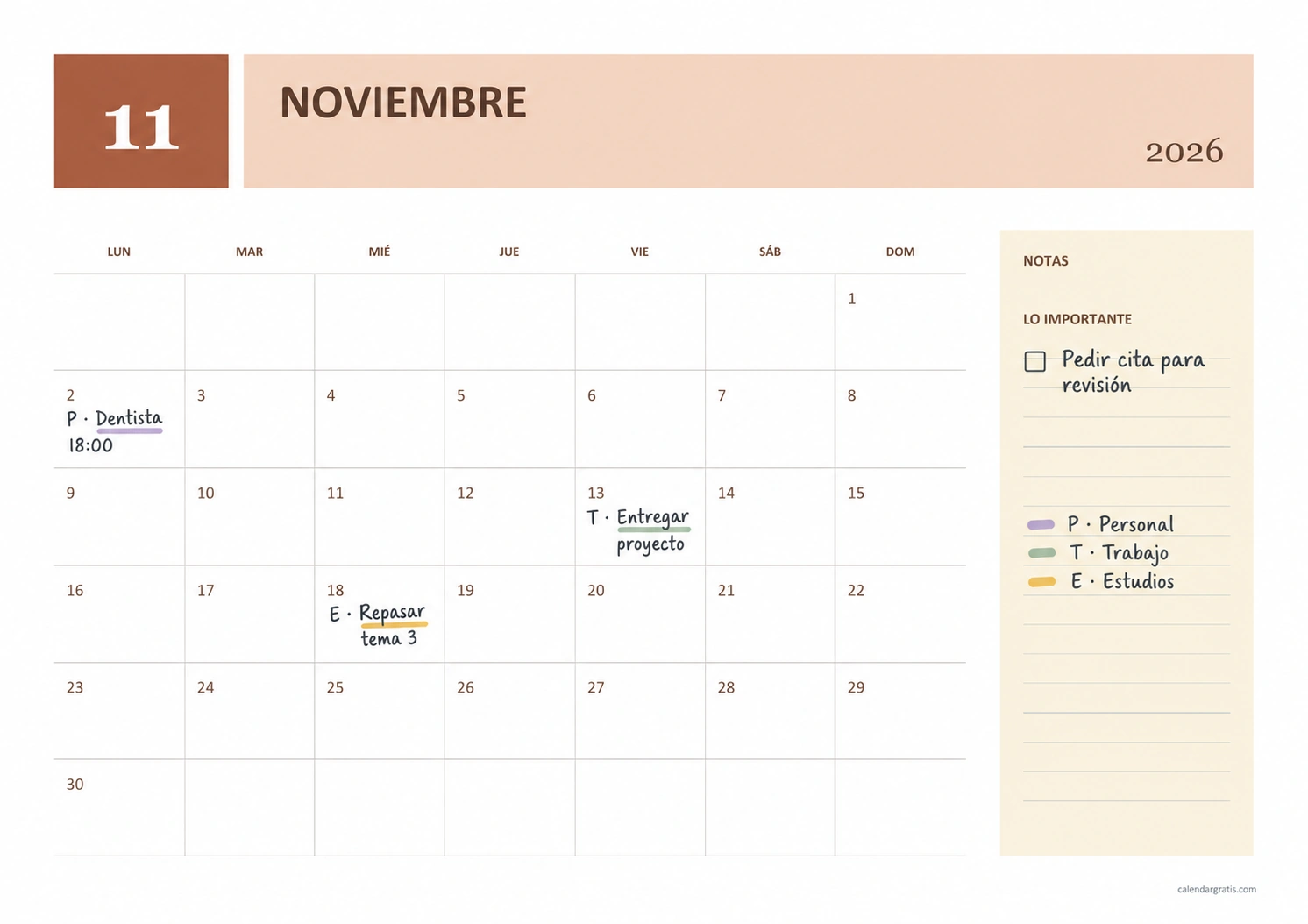 Ejemplo de noviembre de 2026 organizado: dentista el lunes 2, entrega el viernes 13, repaso el miércoles 18 y una tarea pendiente en notas.