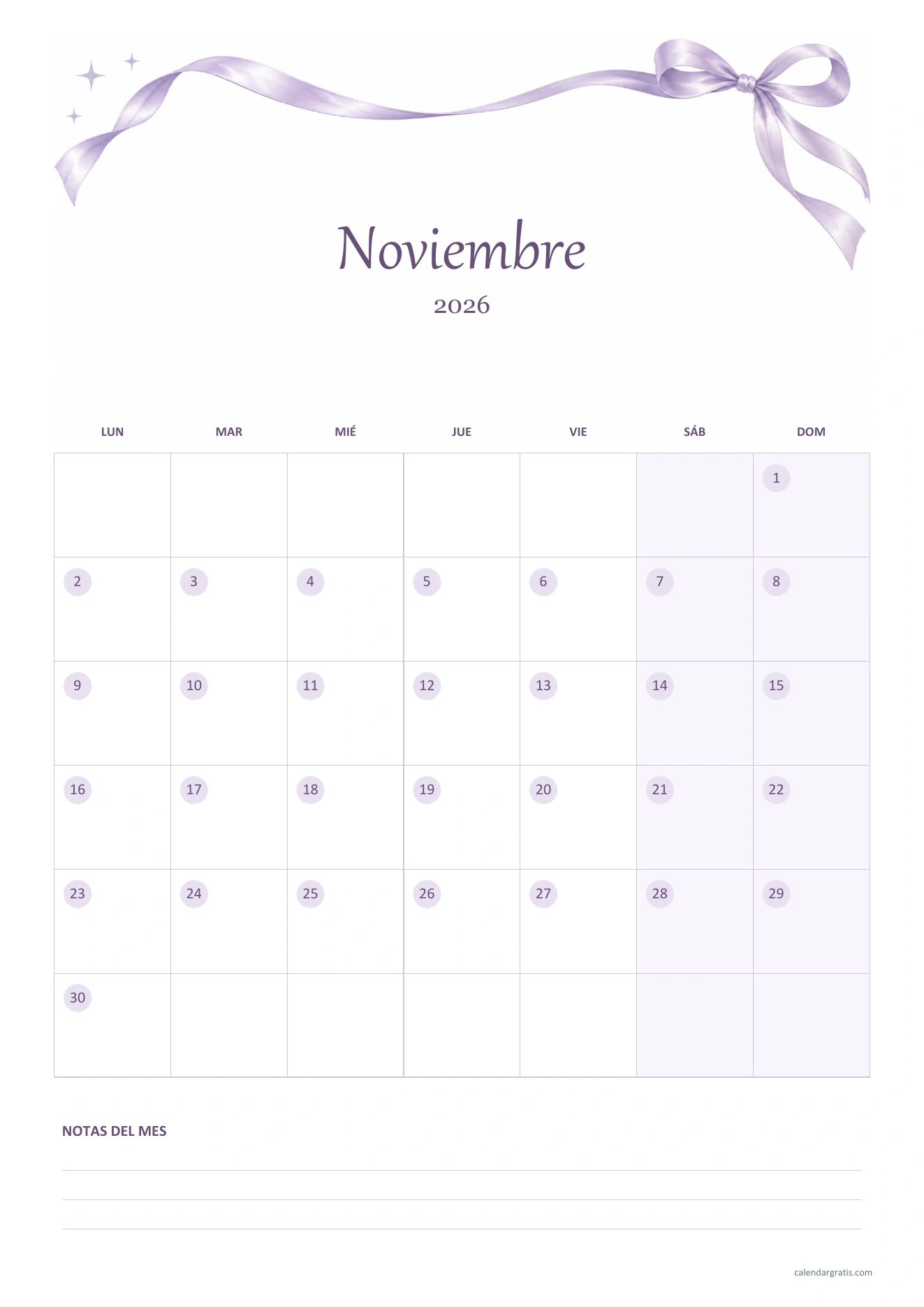 Calendario de noviembre de 2026 aesthetic vertical: lazo de satén lila, fechas sobre círculos y renglones inferiores para notas.