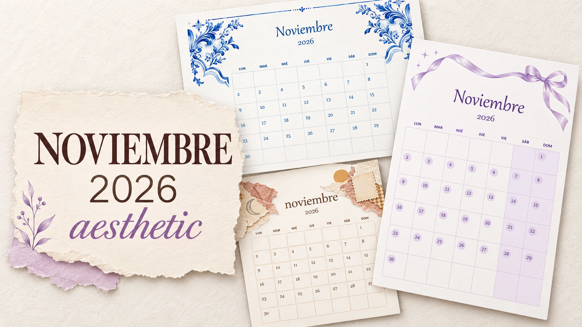 Calendarios de noviembre de 2026 aesthetic con diseños de porcelana azul, collage de papel y lazo lila.