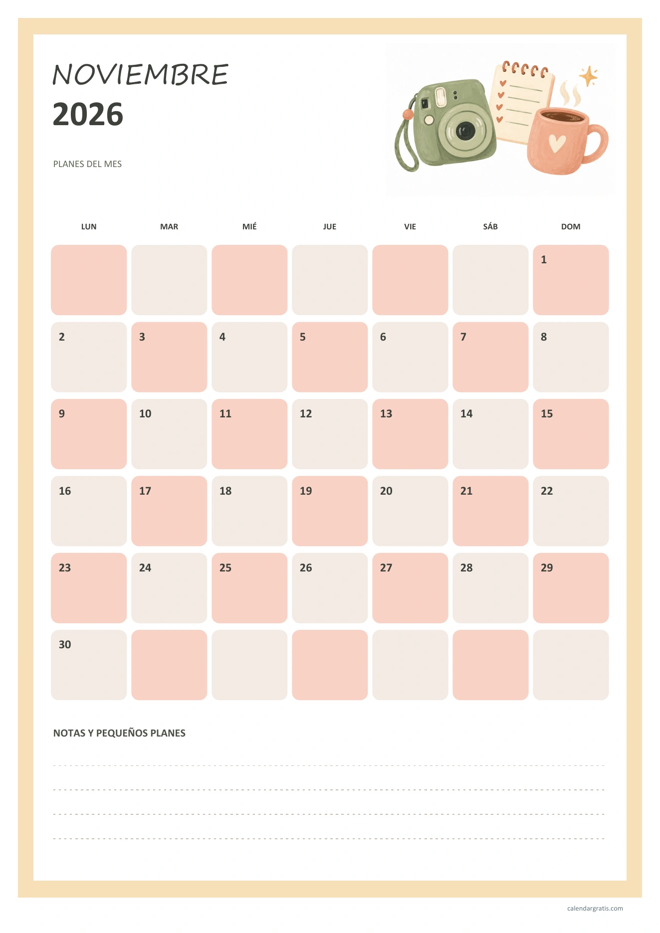 Calendario aesthetic de noviembre de 2026 vertical, con casillas melocotón y crema, cámara ilustrada y espacio para notas.