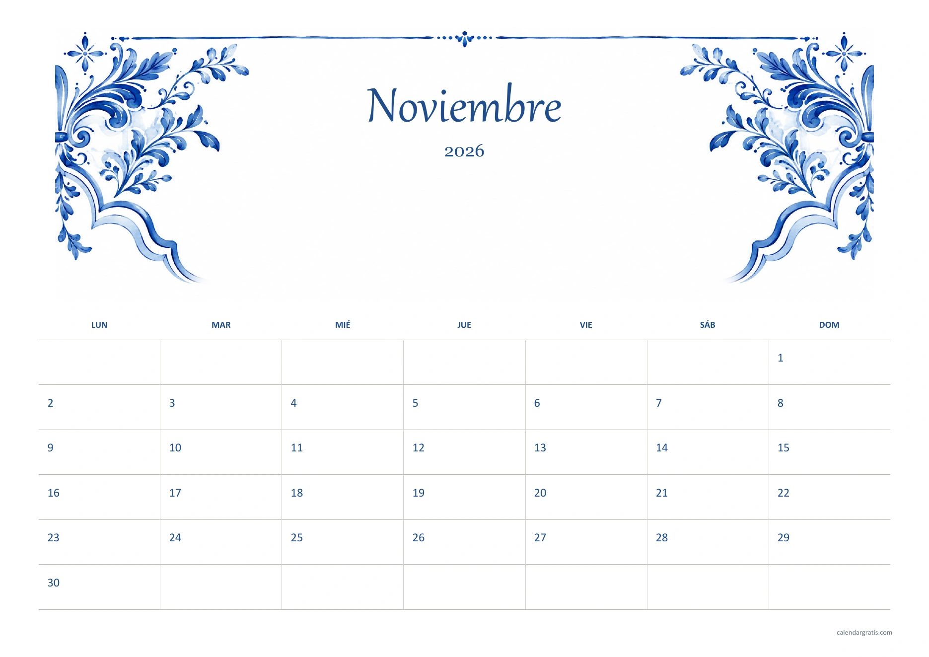 Calendario de noviembre de 2026 aesthetic horizontal: ornamentos azules de inspiración cerámica y cuadrícula abierta.