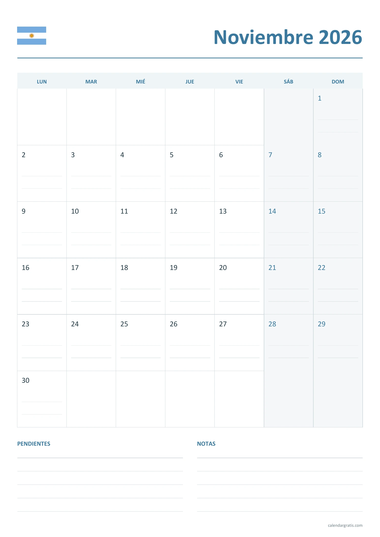 Calendario de noviembre de 2026 de Argentina para imprimir: agenda con renglones, en A4 vertical.