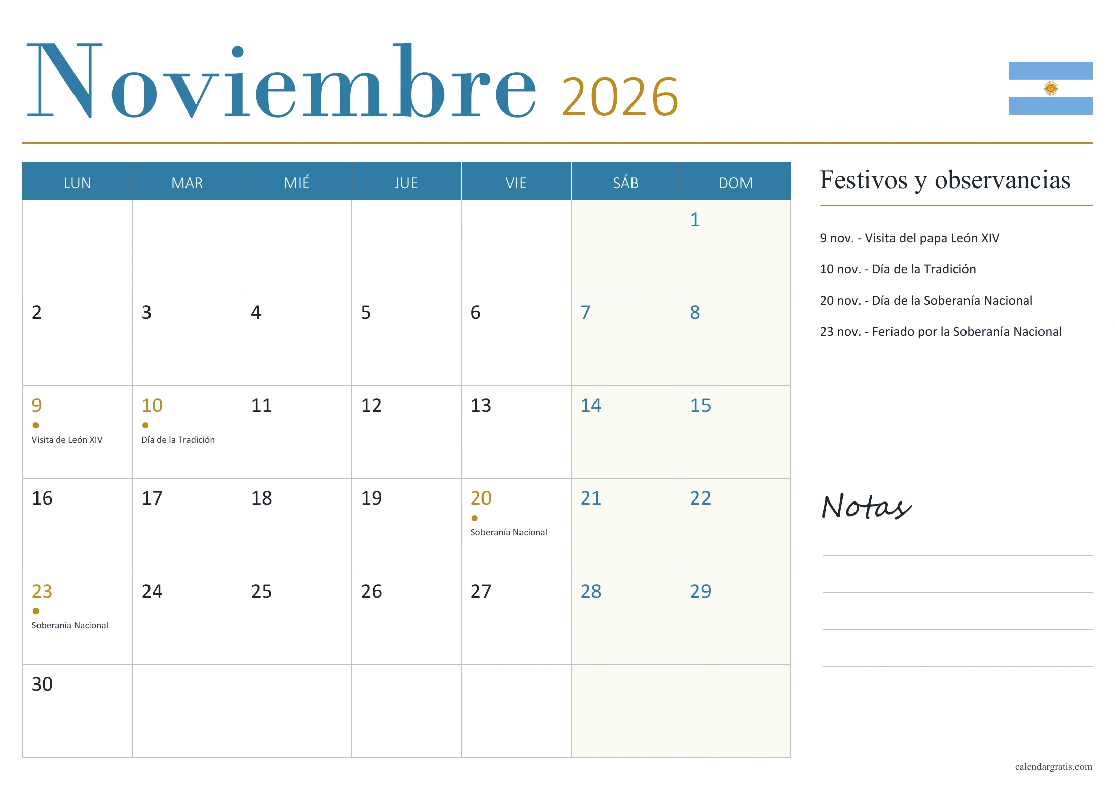 Calendario de noviembre de 2026 de Argentina, con fechas señaladas, lista de festivos y observancias y espacio para notas.