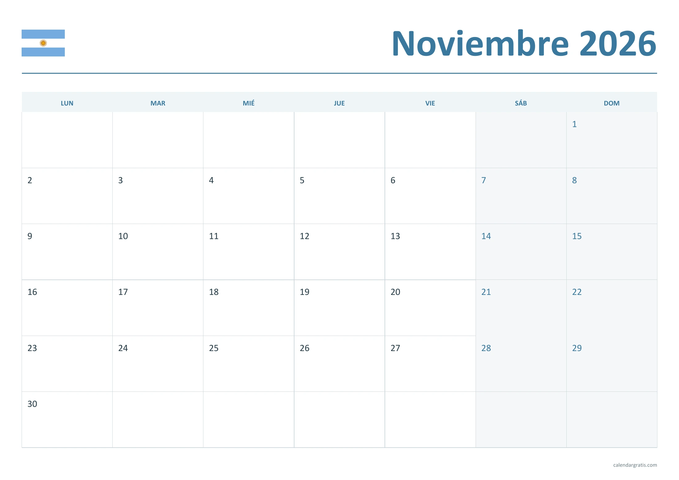 Calendario de noviembre de 2026 de Argentina para imprimir: cuadrícula limpia, en A4 horizontal.