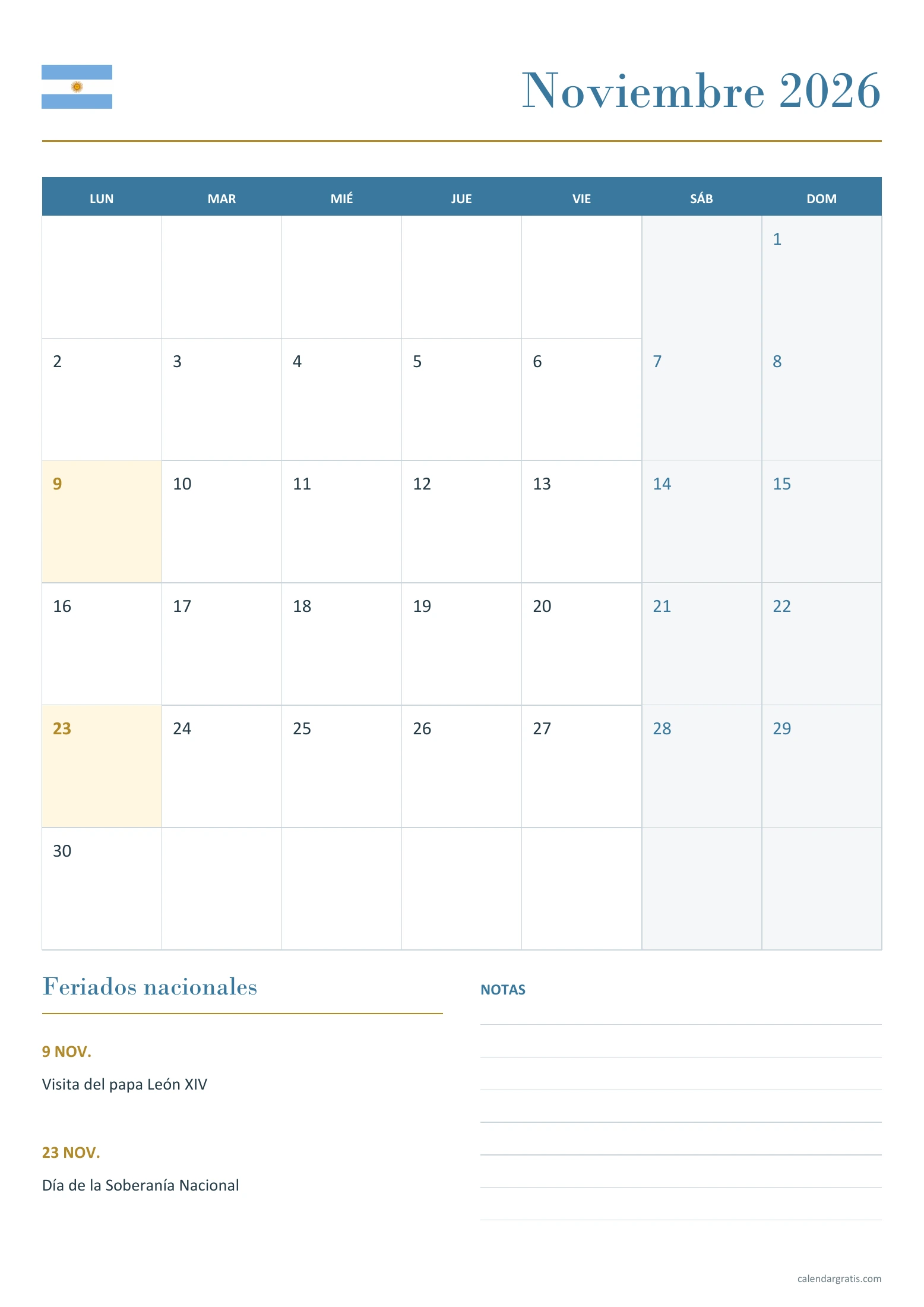 Calendario de noviembre de 2026 de Argentina con feriados: feriados y notas, en A4 vertical.