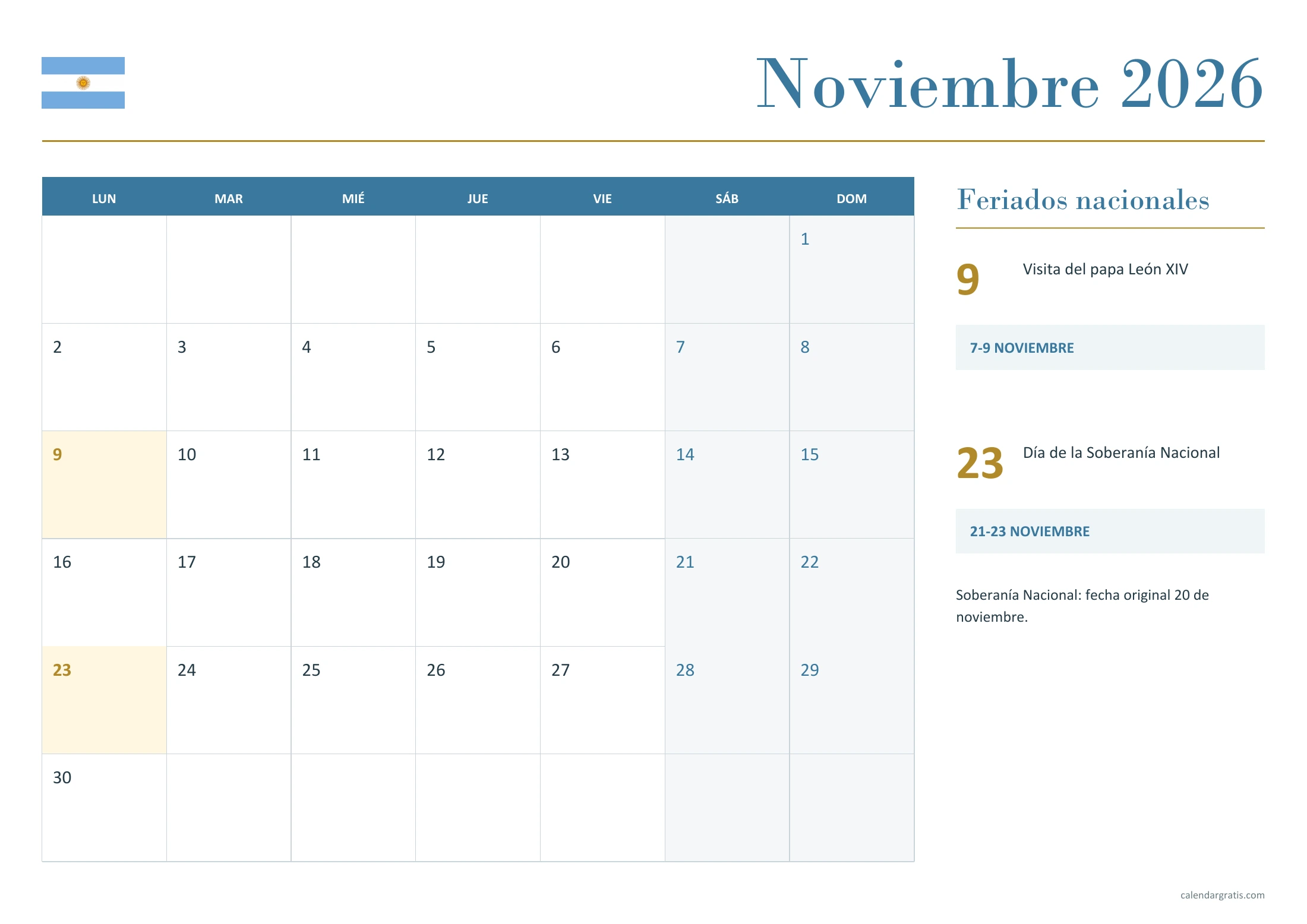 Calendario de noviembre de 2026 de Argentina con feriados: fines de semana largos, en A4 horizontal.