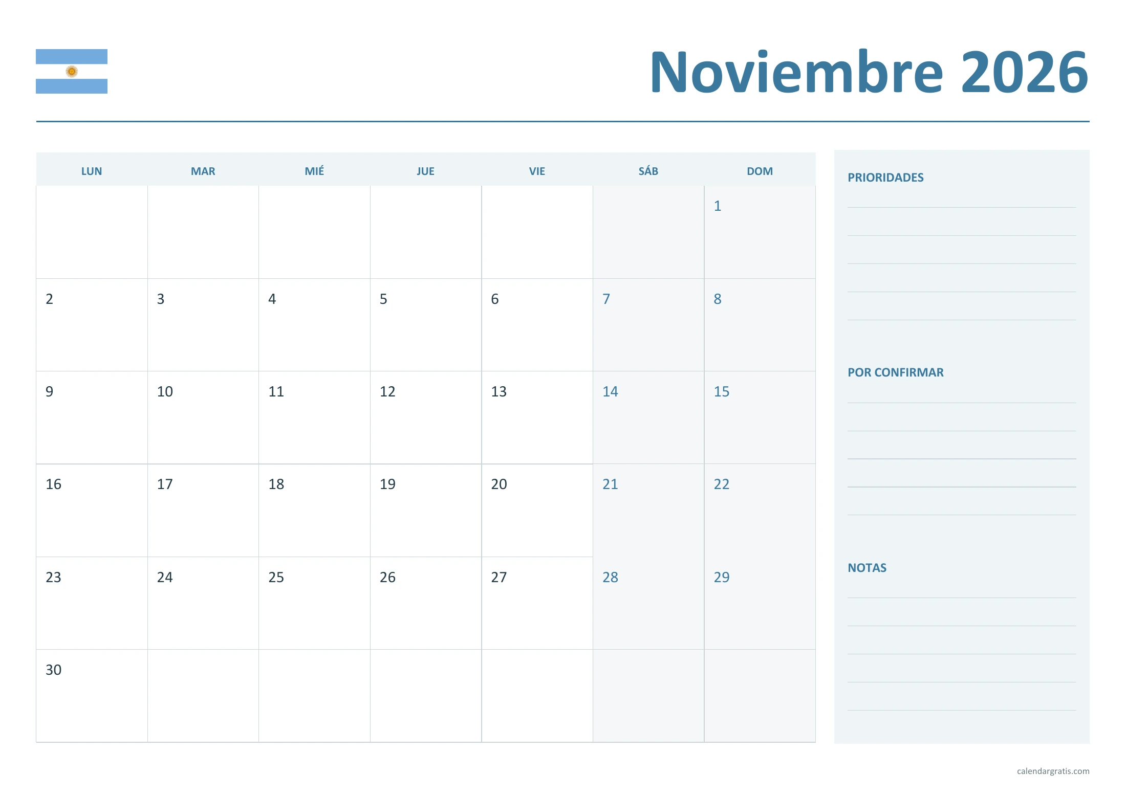 Calendario de noviembre de 2026 de Argentina para imprimir: planificador mensual, en A4 horizontal.