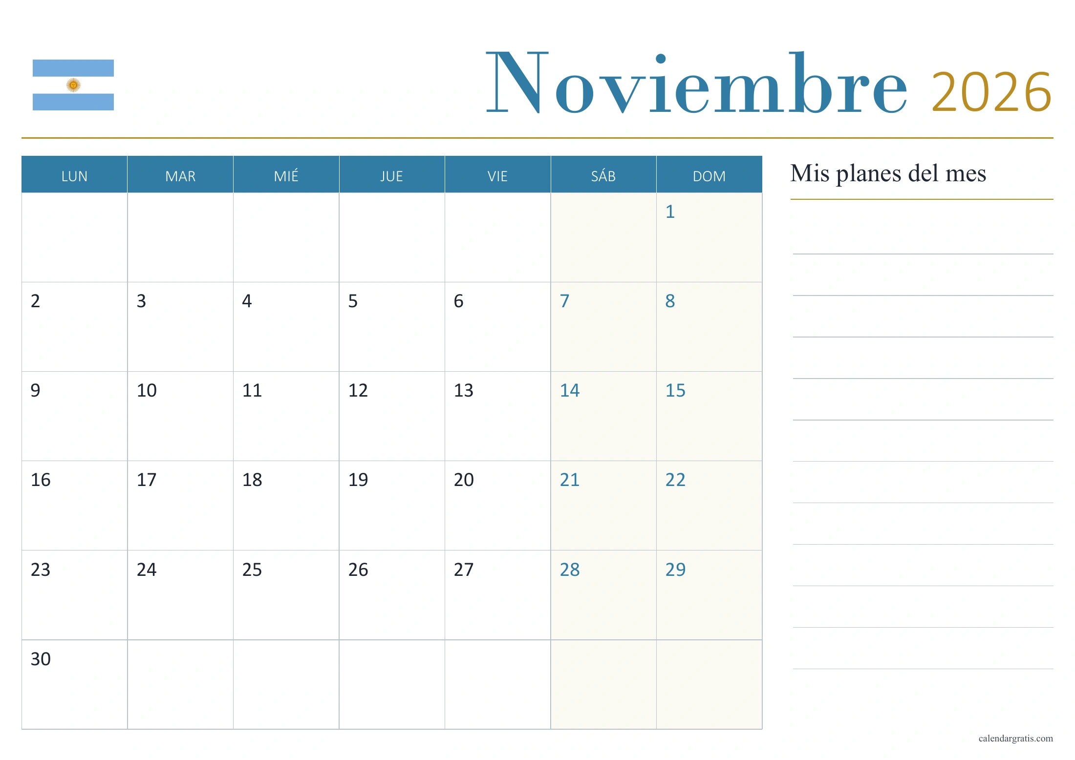 Calendario de noviembre de 2026 de Argentina sin festivos, con bandera y panel «Mis planes del mes».