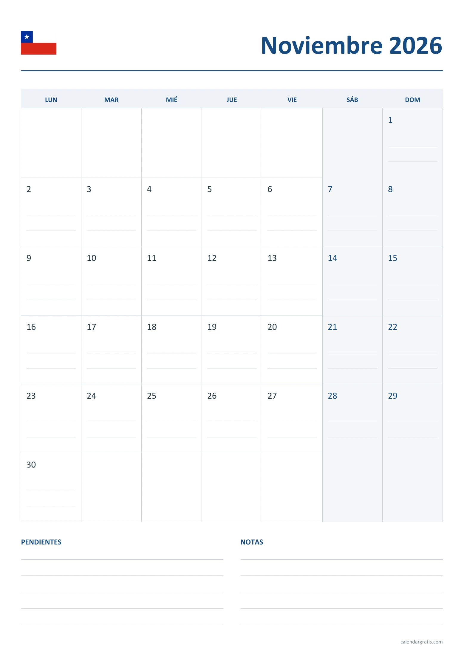 Calendario noviembre 2026 Chile: agenda con renglones.