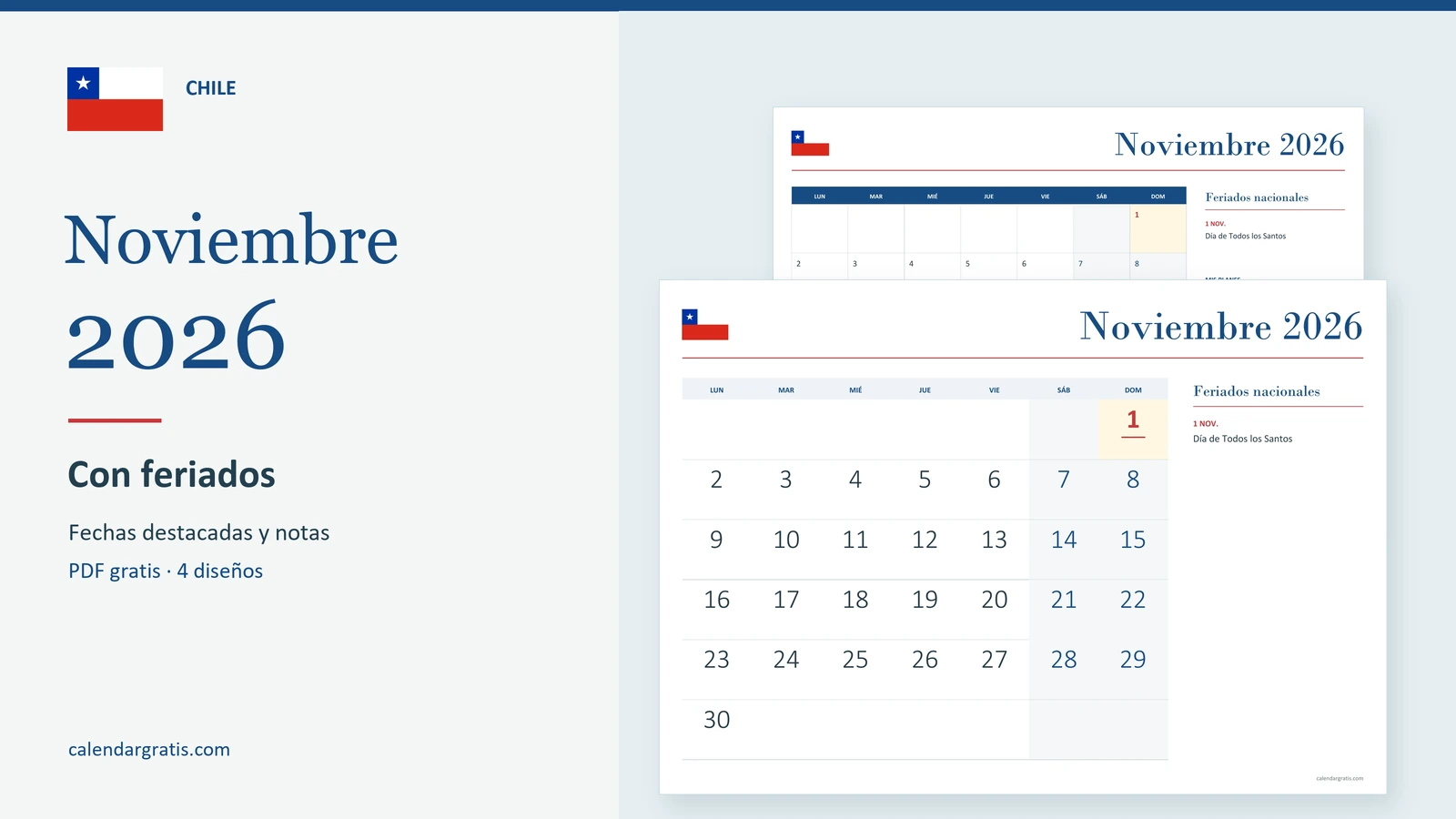 Calendario de noviembre de 2026 de Chile con feriados destacados y espacio para notas.