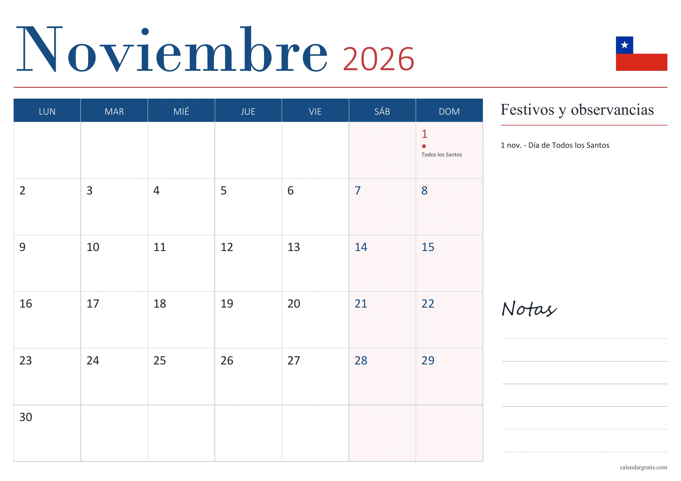 Calendario de noviembre de 2026 de Chile, con fechas señaladas, lista de festivos y observancias y espacio para notas.