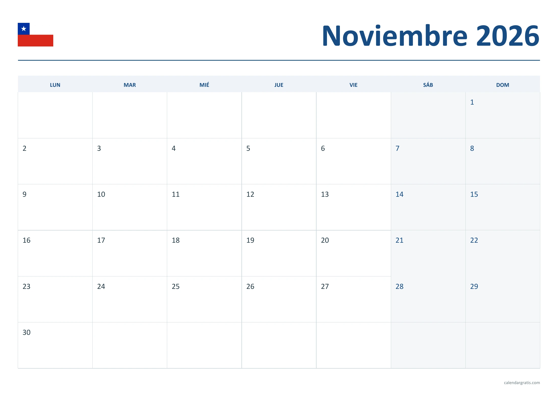 Calendario noviembre 2026 Chile: cuadrícula limpia.