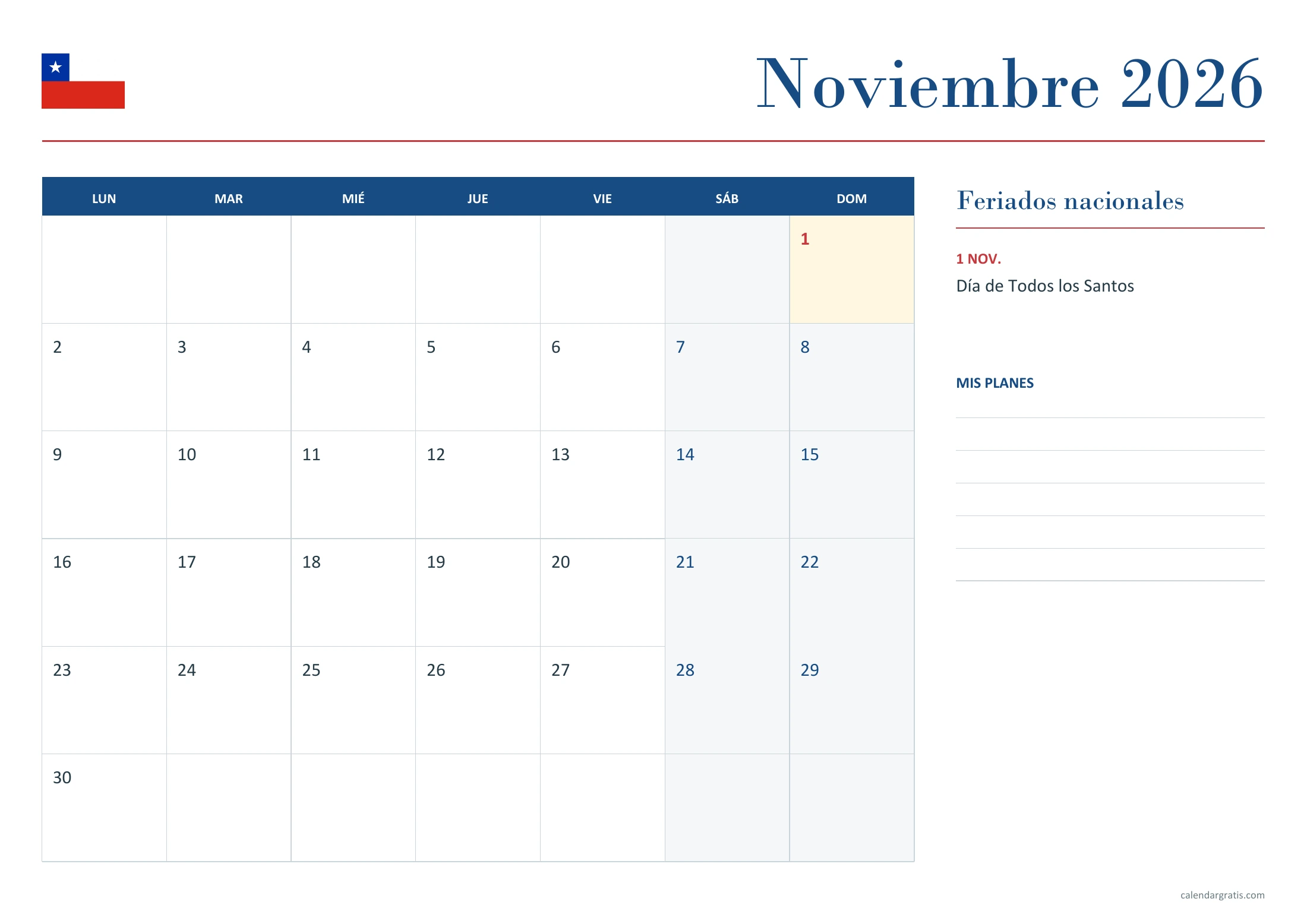 Calendario noviembre 2026 Chile: fechas y planes.