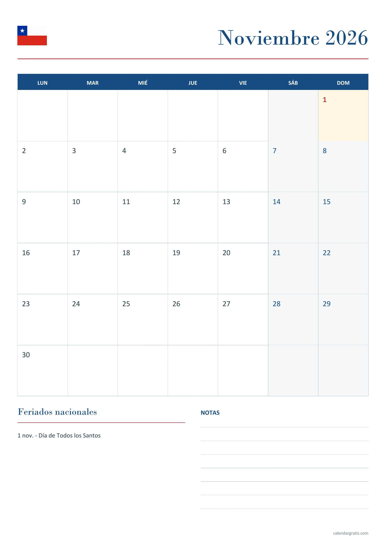 Calendario noviembre 2026 Chile: feriados y notas.