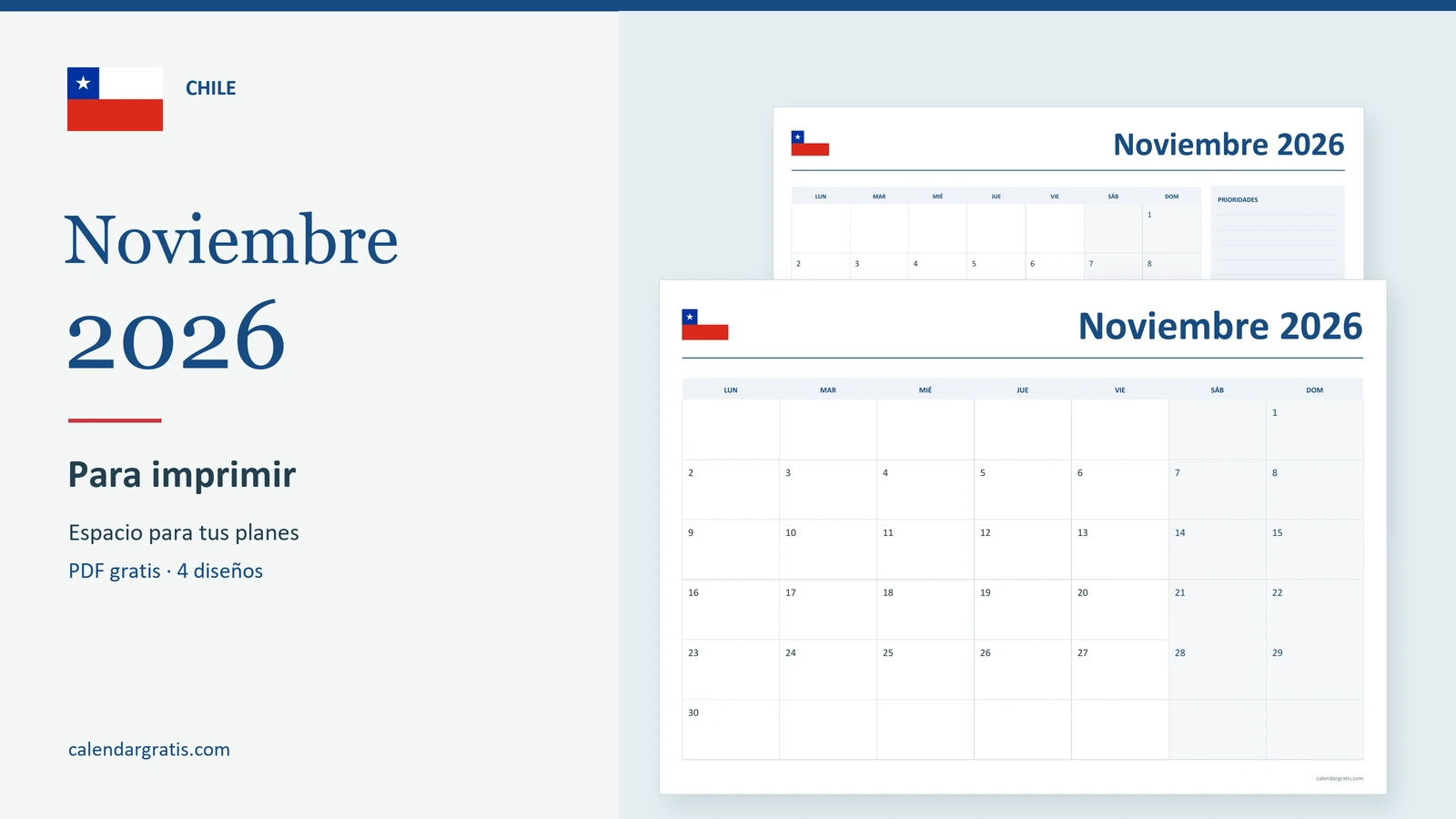 Calendario de noviembre de 2026 de Chile para imprimir, con cuadrícula amplia y planificador mensual.