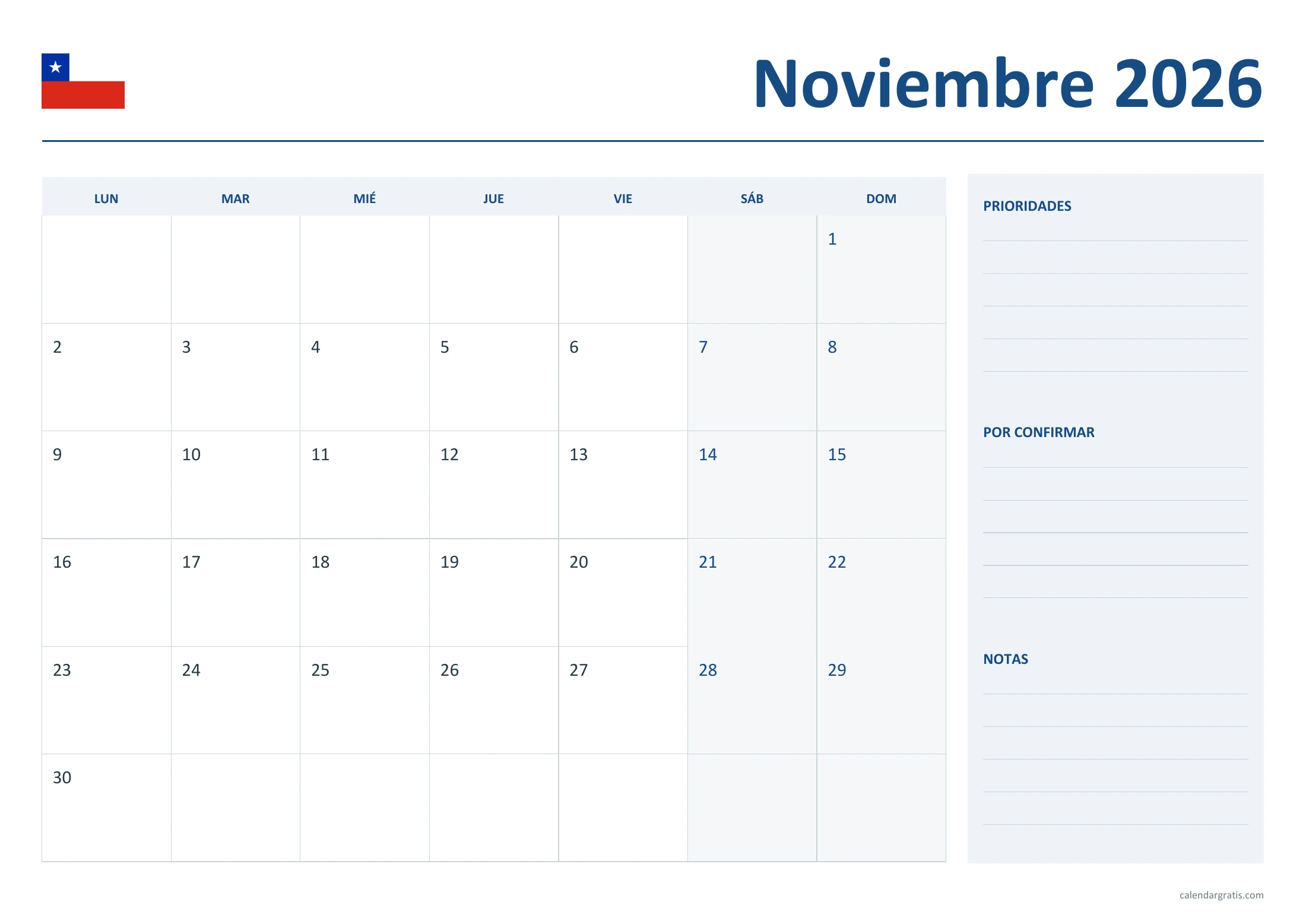 Calendario noviembre 2026 Chile: planificador mensual.
