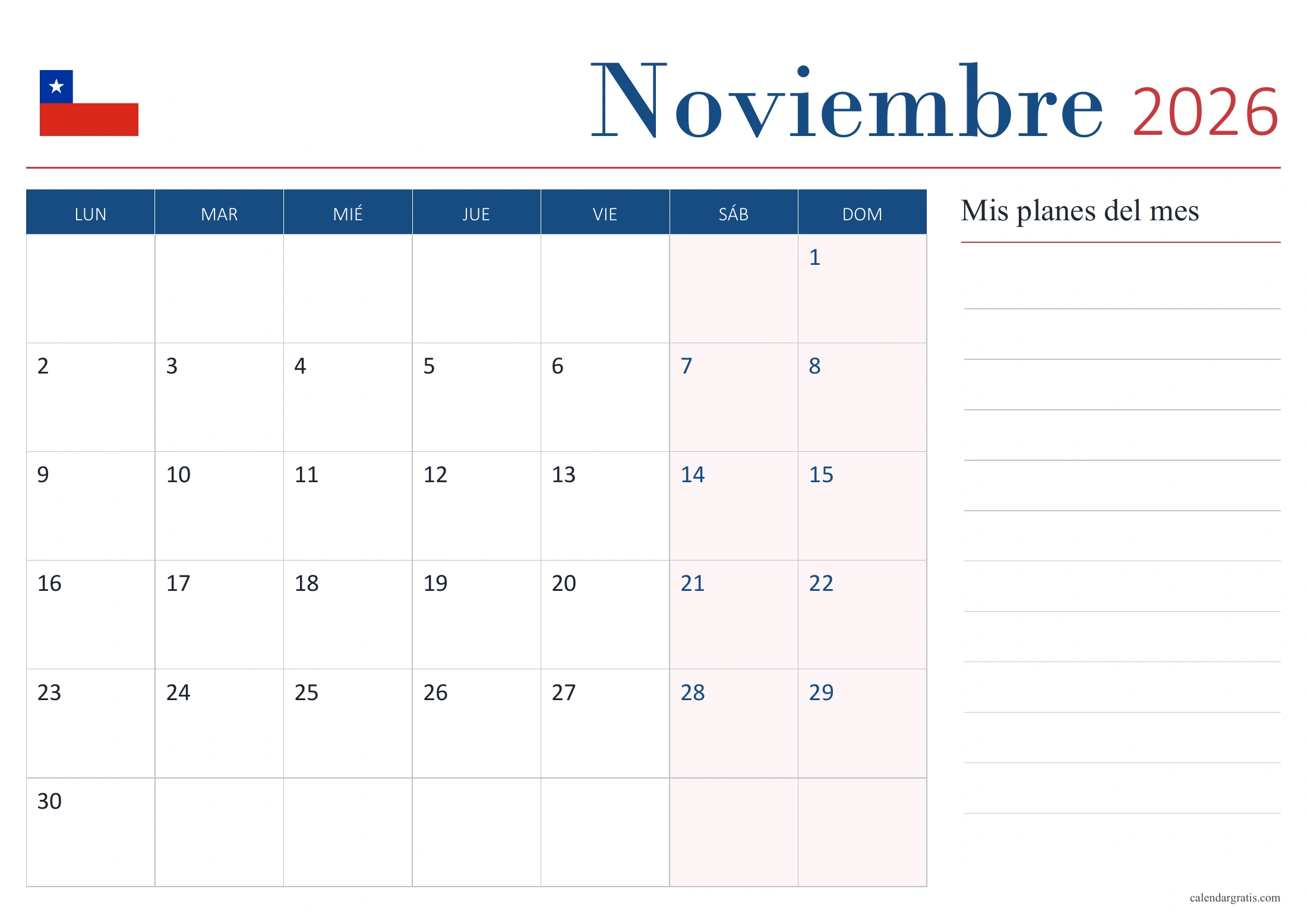 Calendario de noviembre de 2026 de Chile sin festivos, con bandera y panel «Mis planes del mes».
