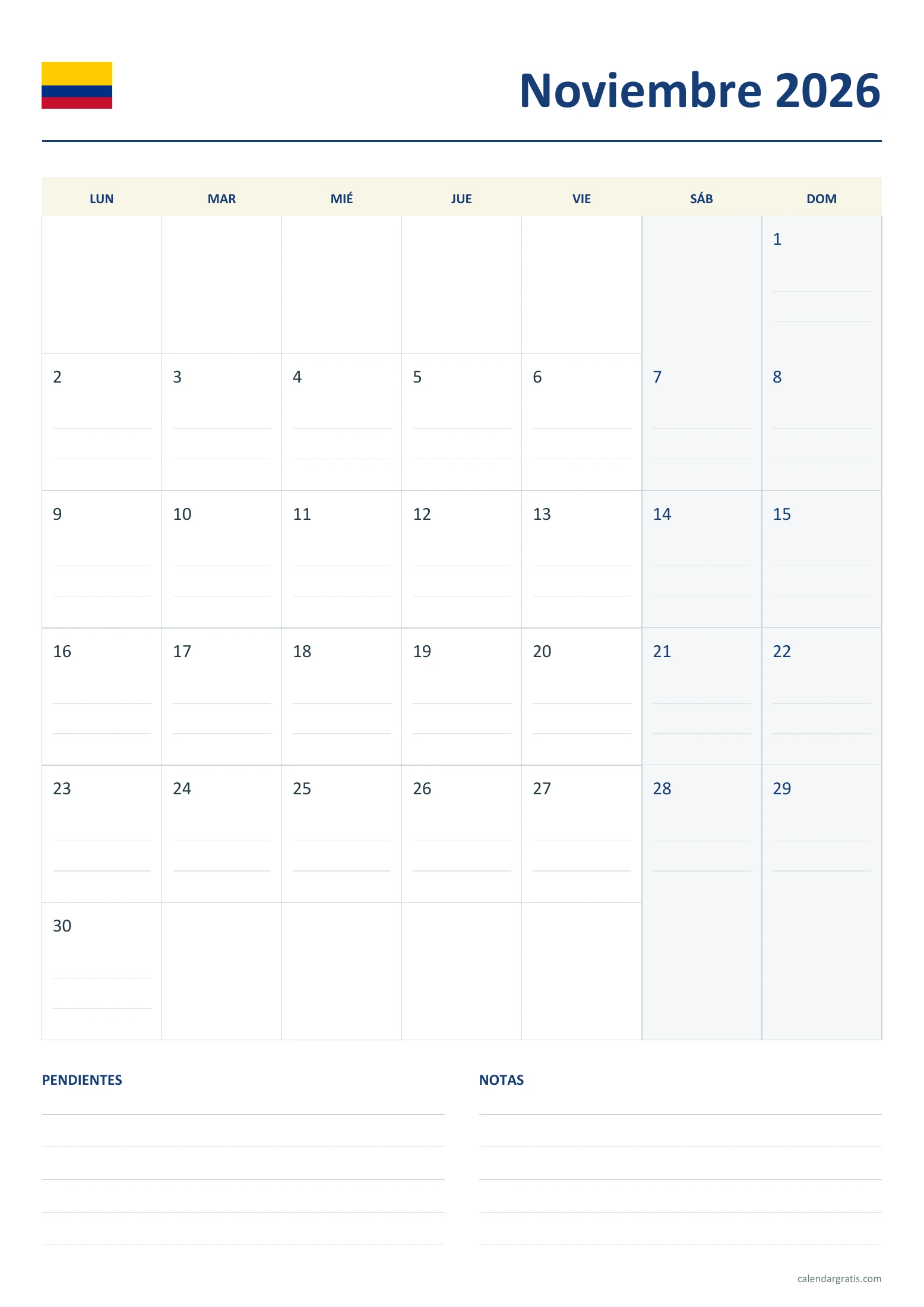 Calendario noviembre 2026 Colombia: agenda con renglones.