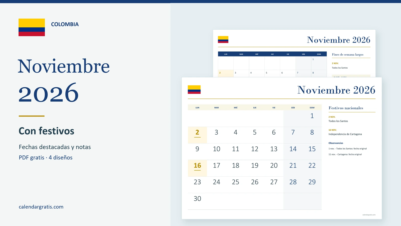 Calendario de noviembre de 2026 de Colombia con festivos destacados y espacio para notas.