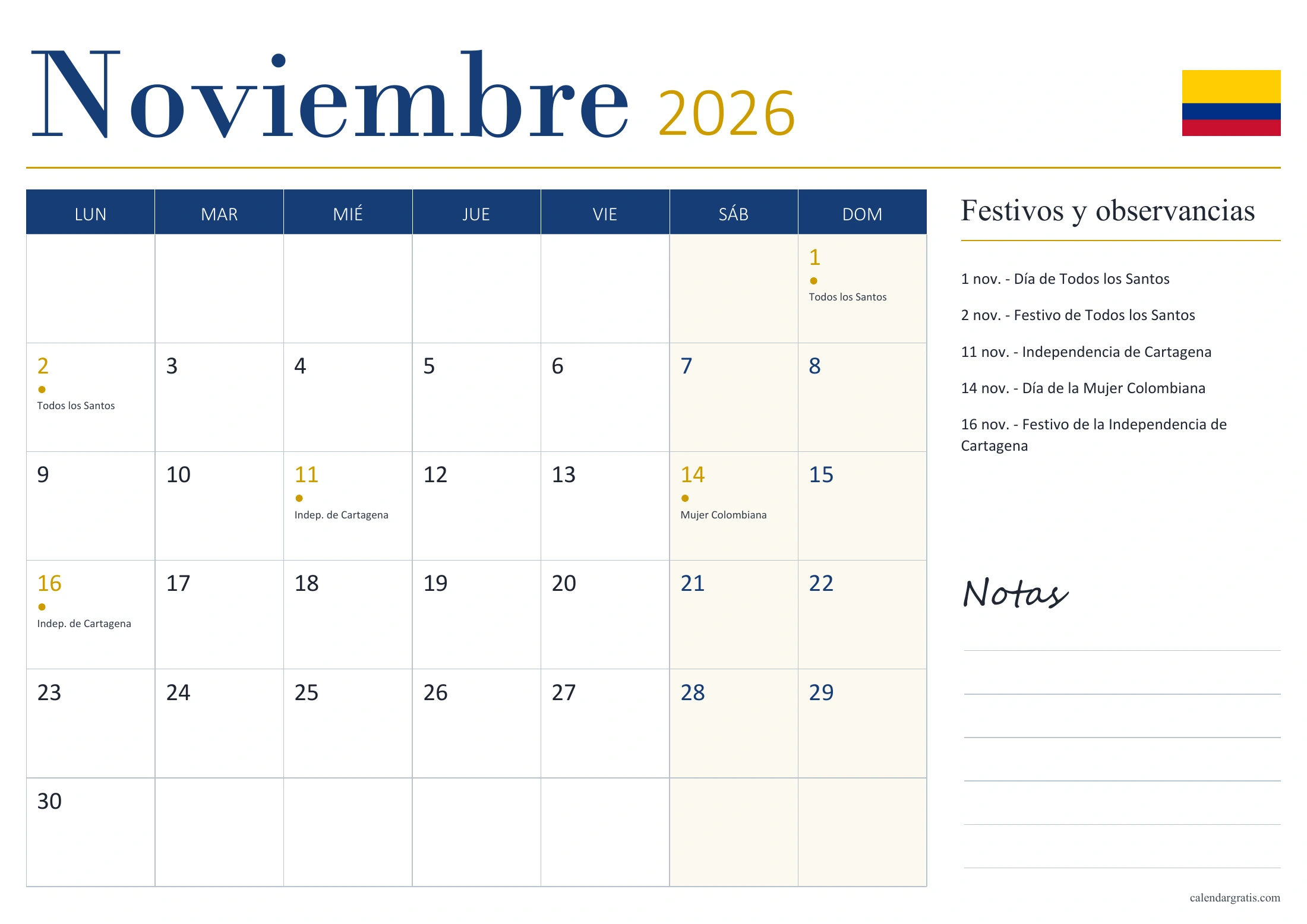 Calendario de noviembre de 2026 de Colombia, con fechas señaladas, lista de festivos y observancias y espacio para notas.