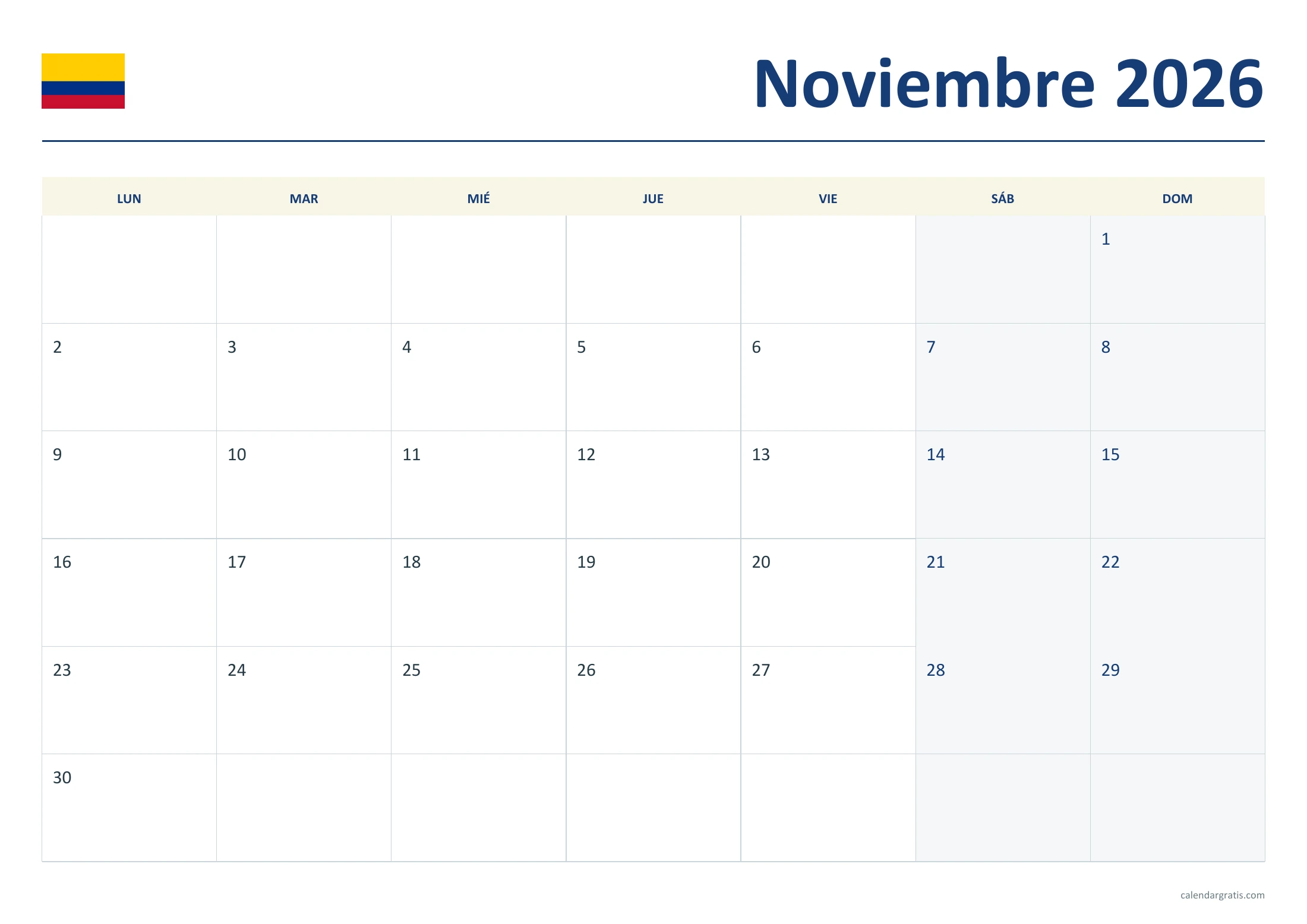 Colombia: calendario para imprimir