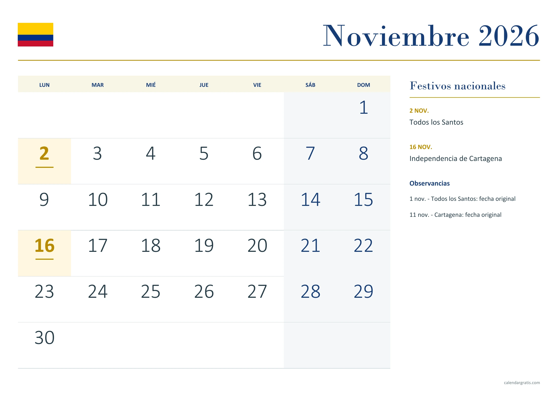 Calendario noviembre 2026 Colombia: fechas grandes.