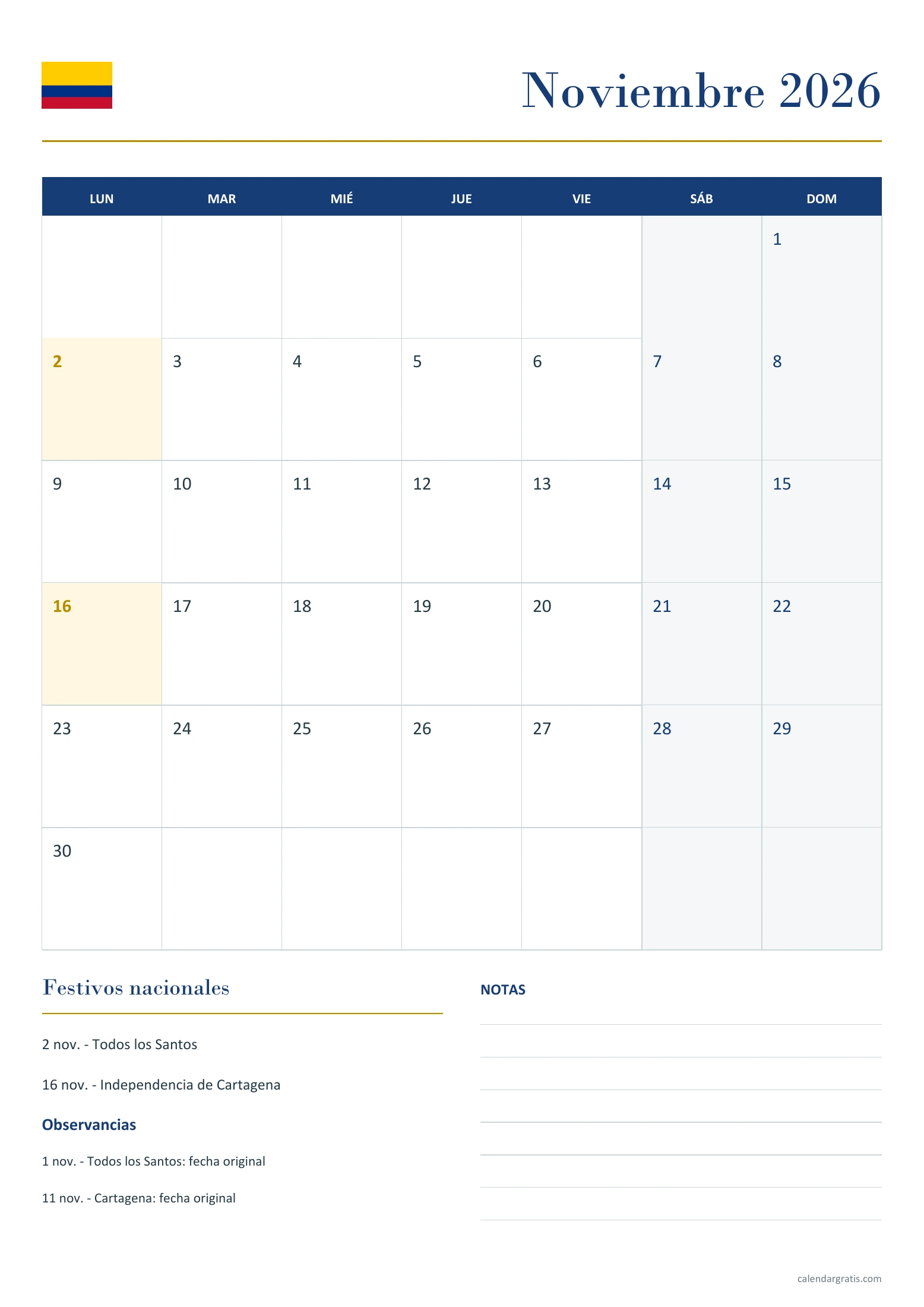 Calendario noviembre 2026 Colombia: feriados y notas.