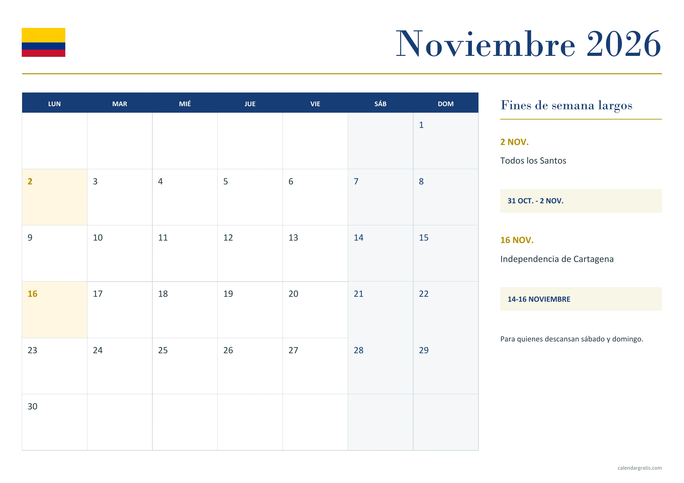 Calendario noviembre 2026 Colombia: fines de semana largos.