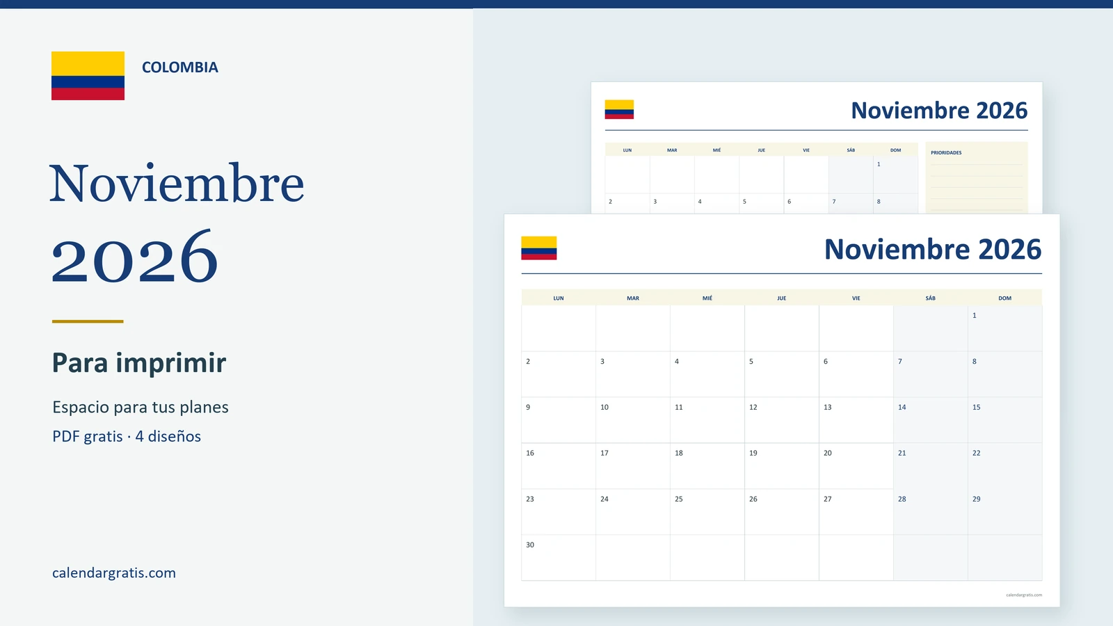 Calendario de noviembre de 2026 de Colombia para imprimir, con cuadrícula amplia y planificador mensual.