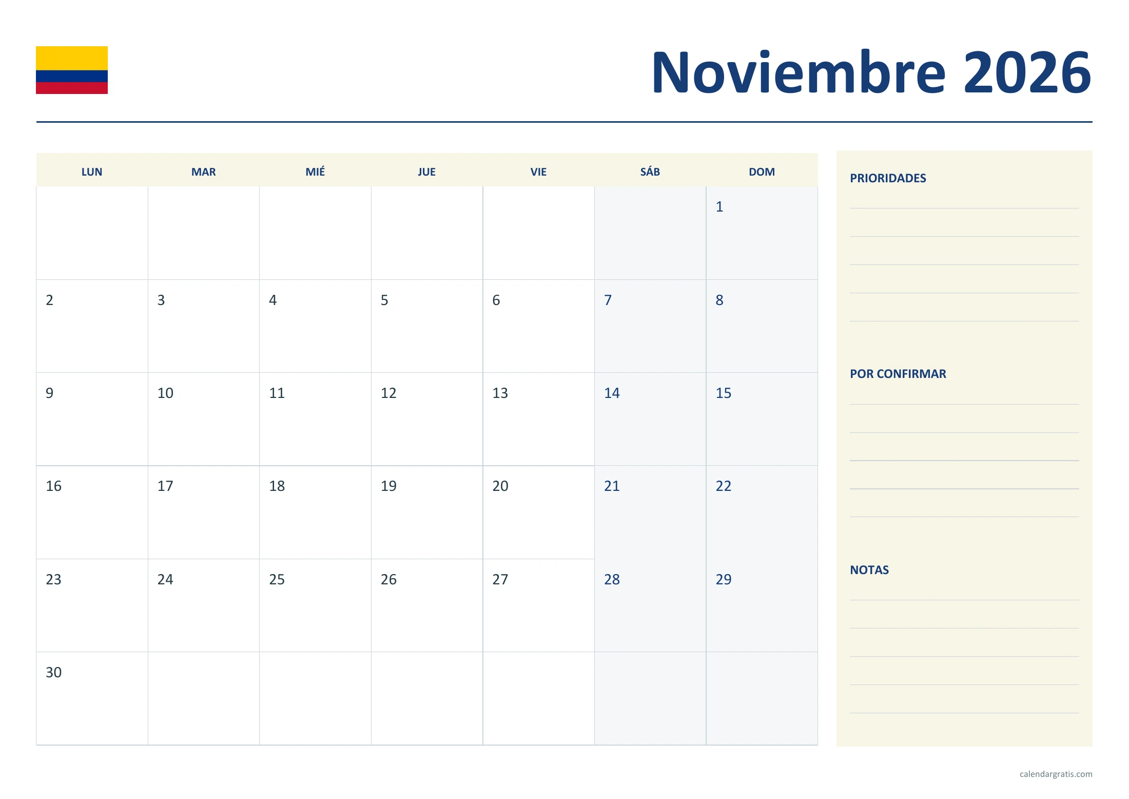 Calendario noviembre 2026 Colombia: planificador mensual.
