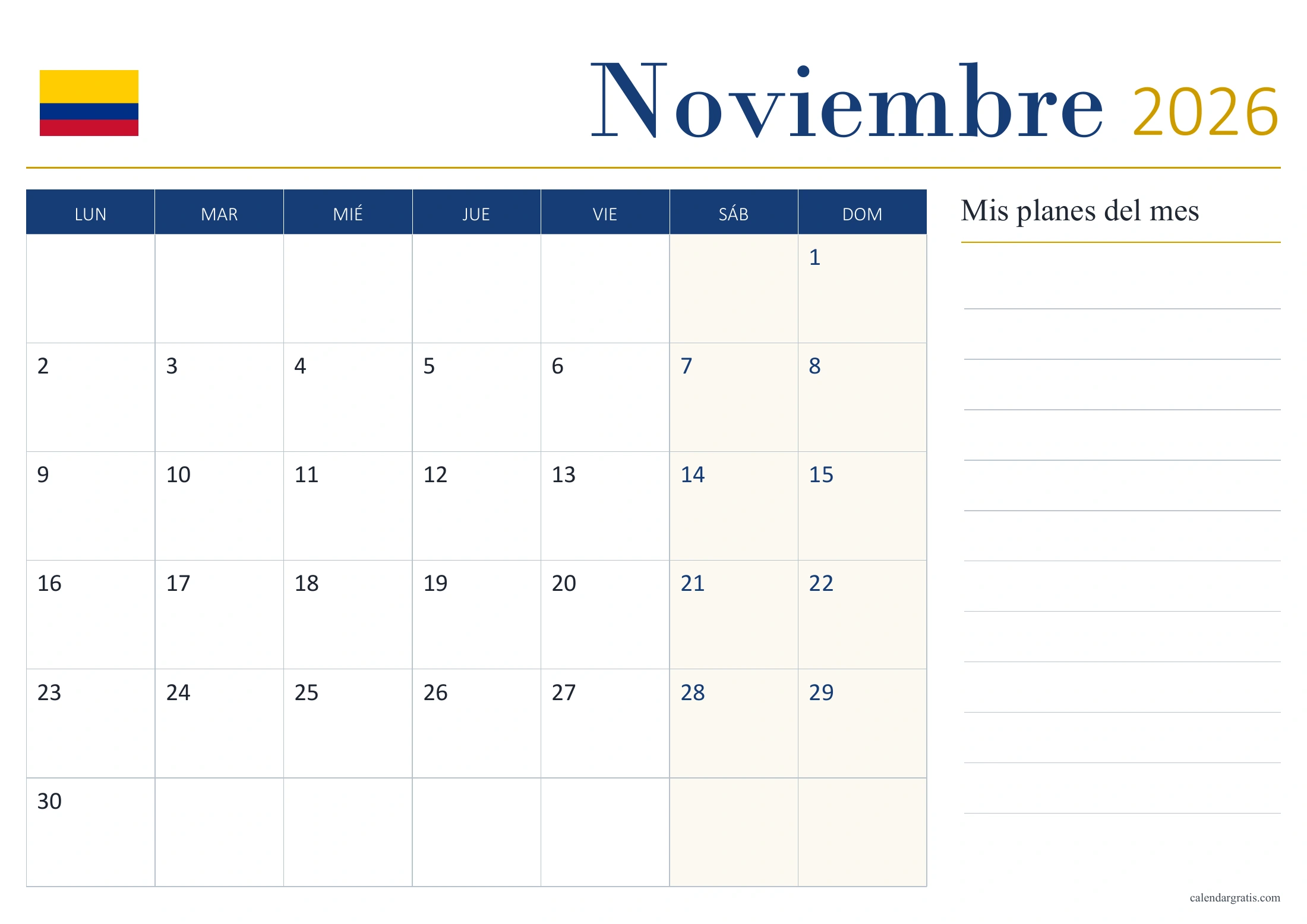 Calendario de noviembre de 2026 de Colombia sin festivos, con bandera y panel «Mis planes del mes».