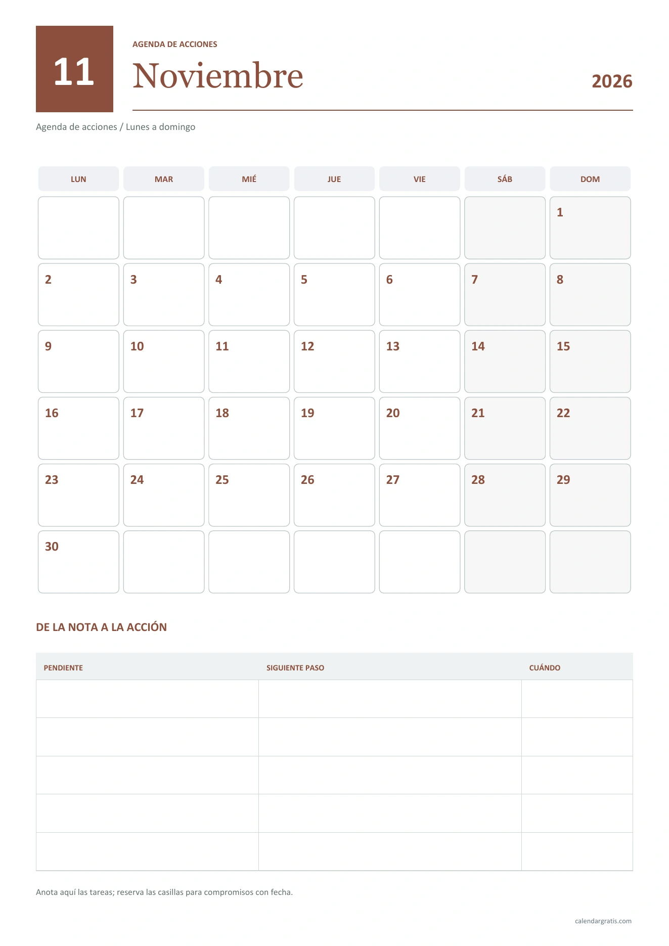 Calendario de noviembre de 2026 con notas vertical: calendario y tabla inferior para convertir notas en acciones con fecha.