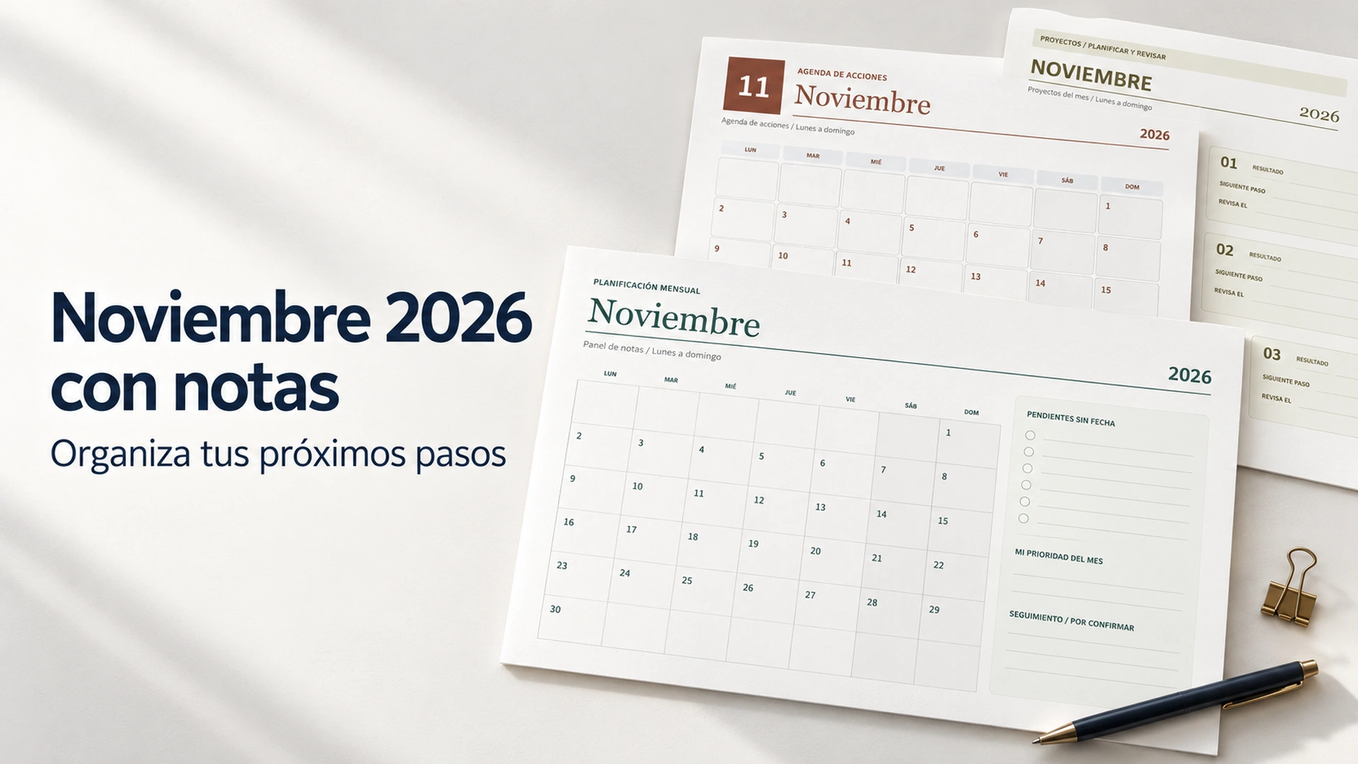 Calendarios de noviembre de 2026 con panel de notas, tabla de acciones y fichas de proyectos.