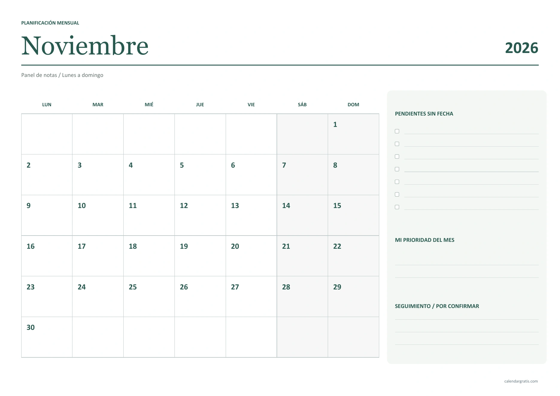 Calendario de noviembre de 2026 con notas horizontal: calendario con panel lateral de pendientes, una prioridad y seguimiento.