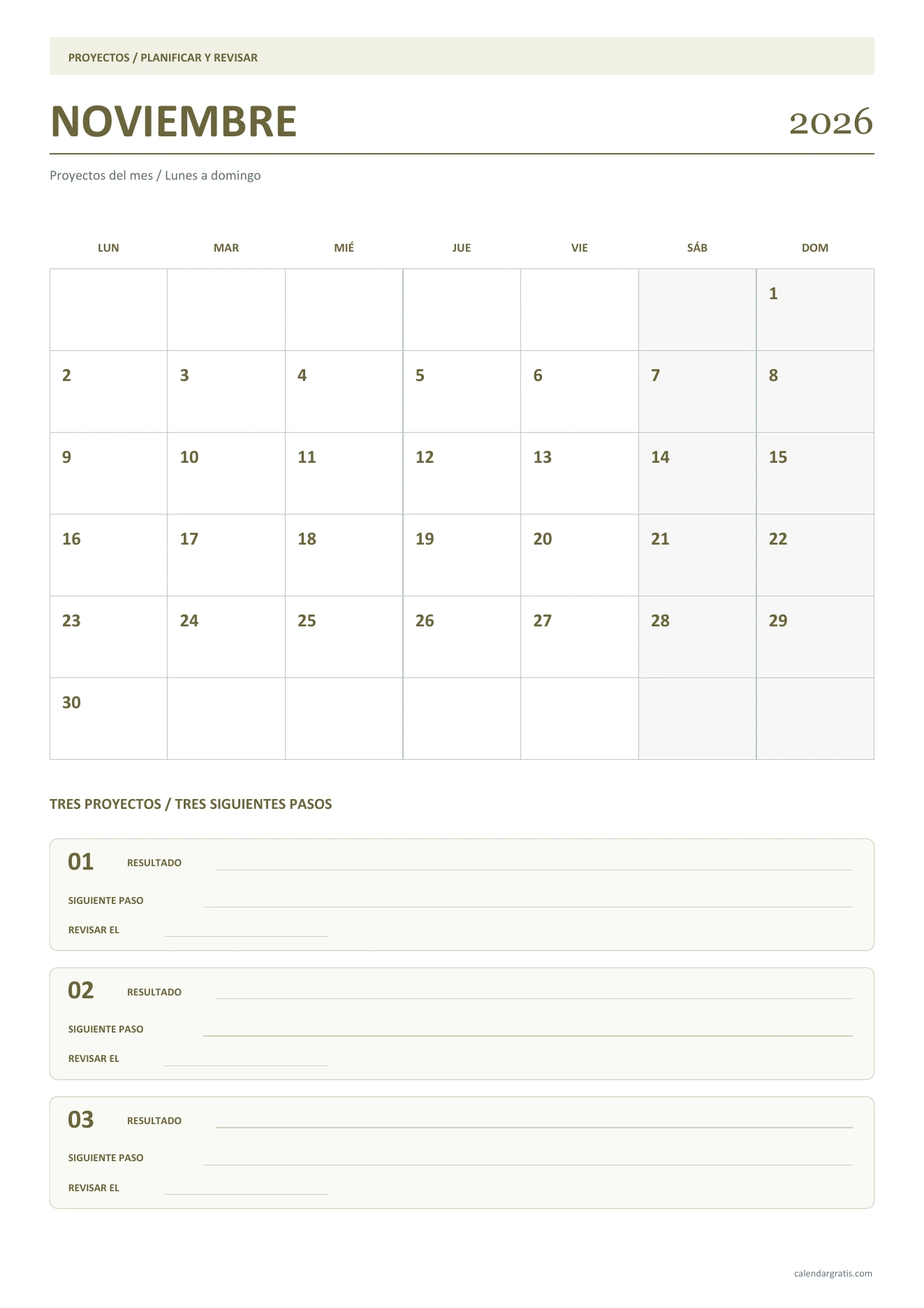 Calendario de noviembre de 2026 con notas vertical: calendario con tres fichas para resultado, siguiente paso y fecha de revisión.