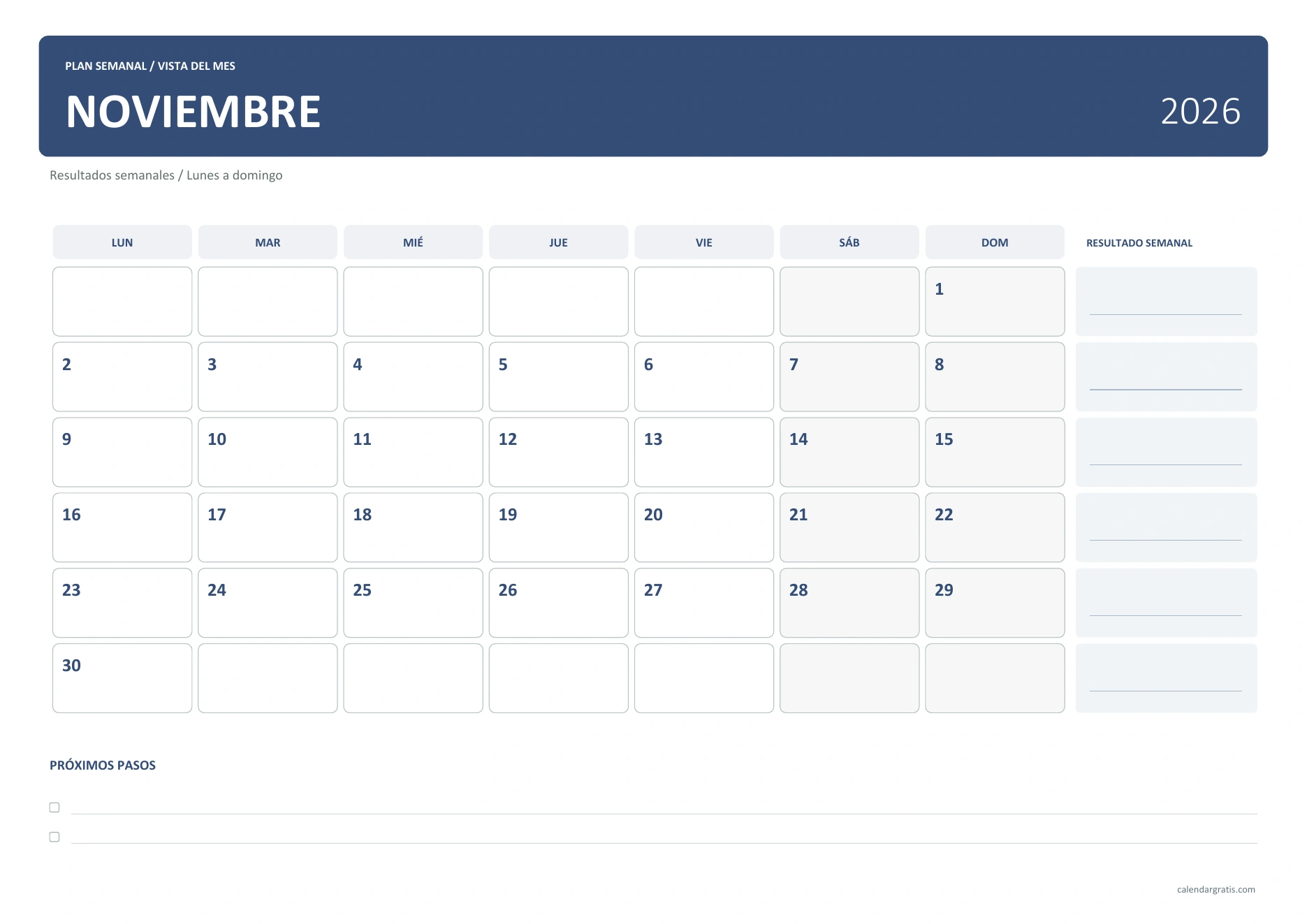 Calendario de noviembre de 2026 con notas horizontal: cuadrícula con una columna de resultado por semana y lista de próximos pasos.