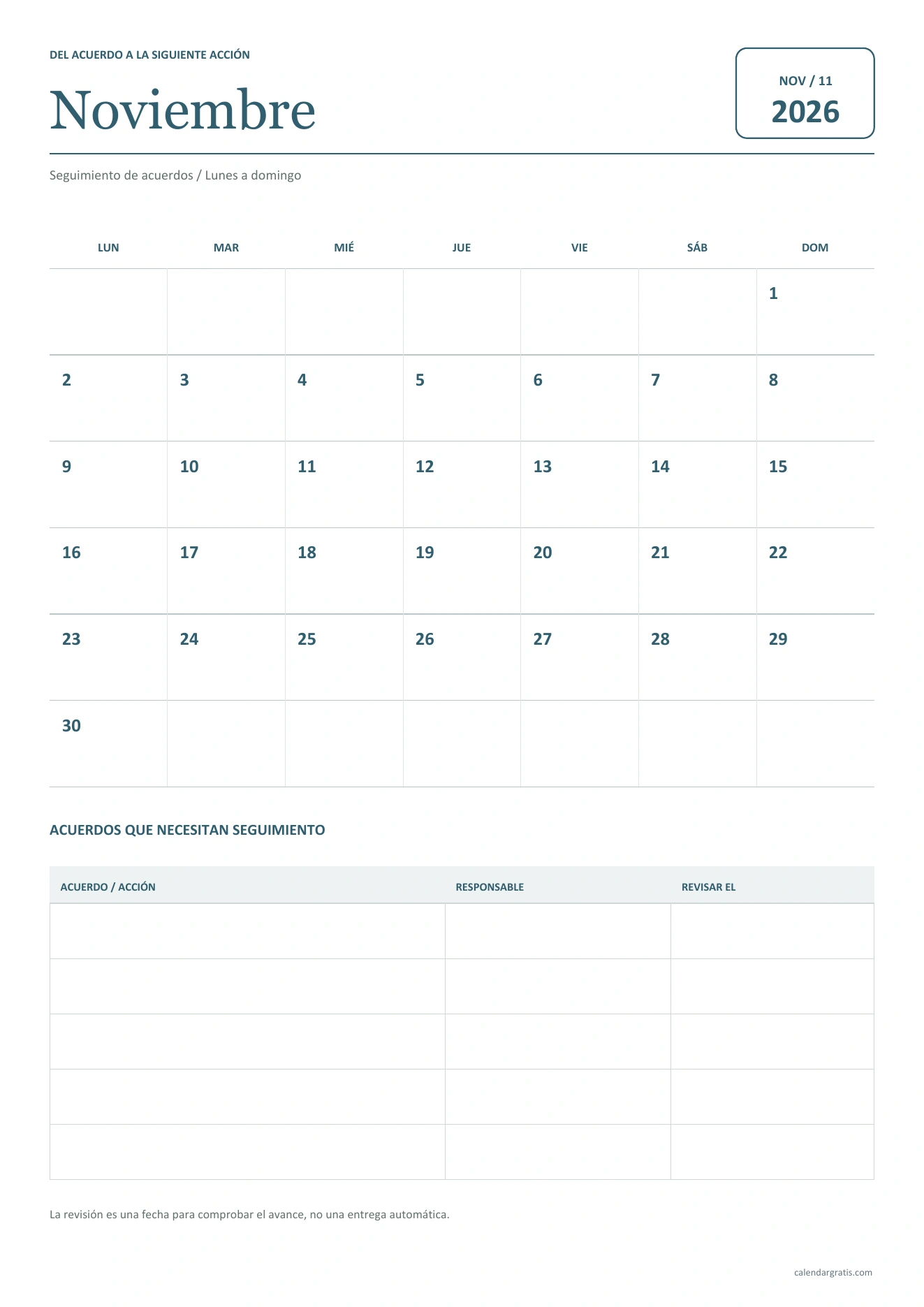 Calendario de noviembre de 2026 con notas vertical: calendario y tabla para registrar acuerdos, responsables y próxima revisión.